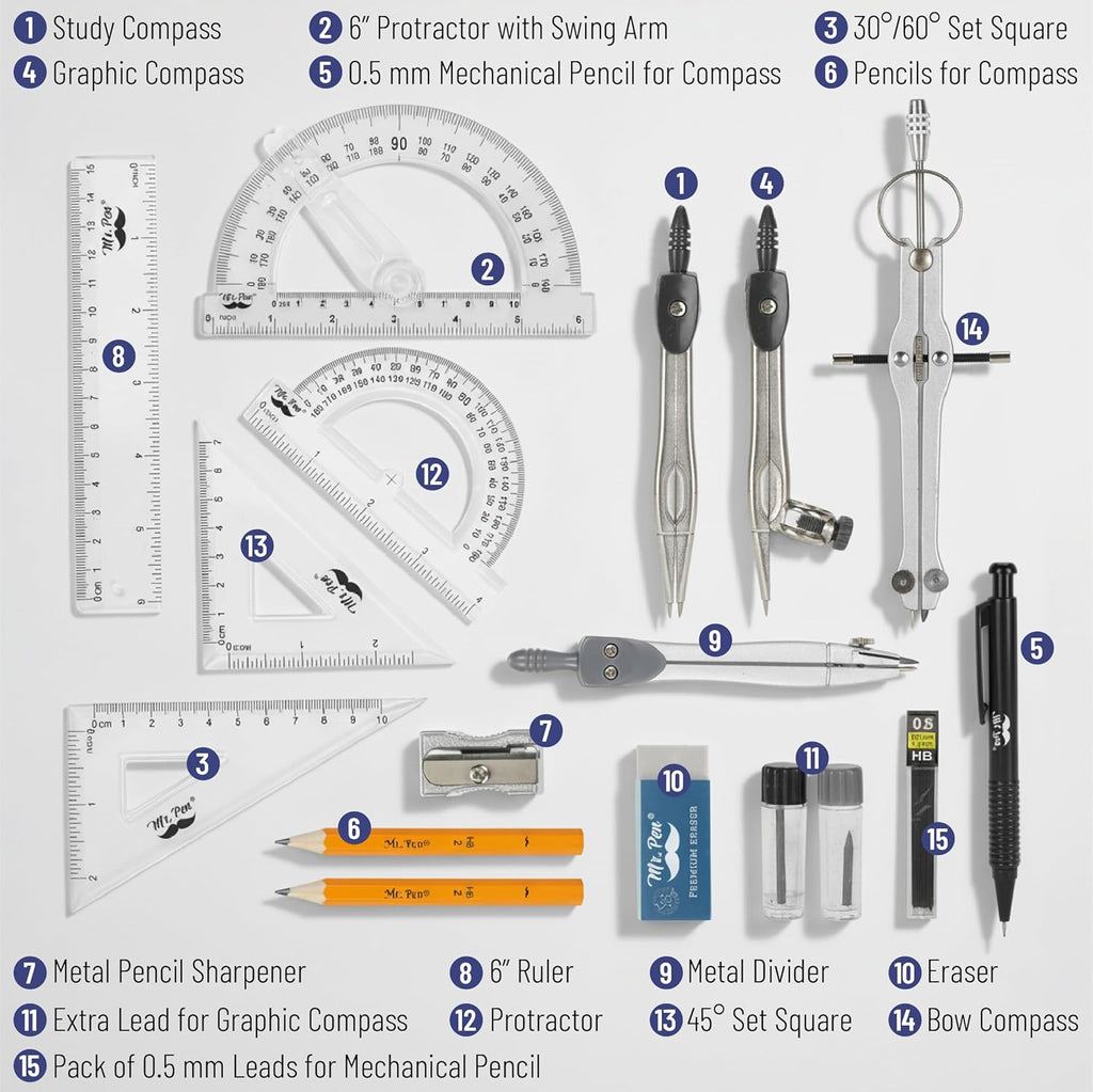 Geometry Set with 6 Inch Swing Arm Protractor, Divider, Set Squares, Ruler, Compasses and Protractor, 15 Piece Set