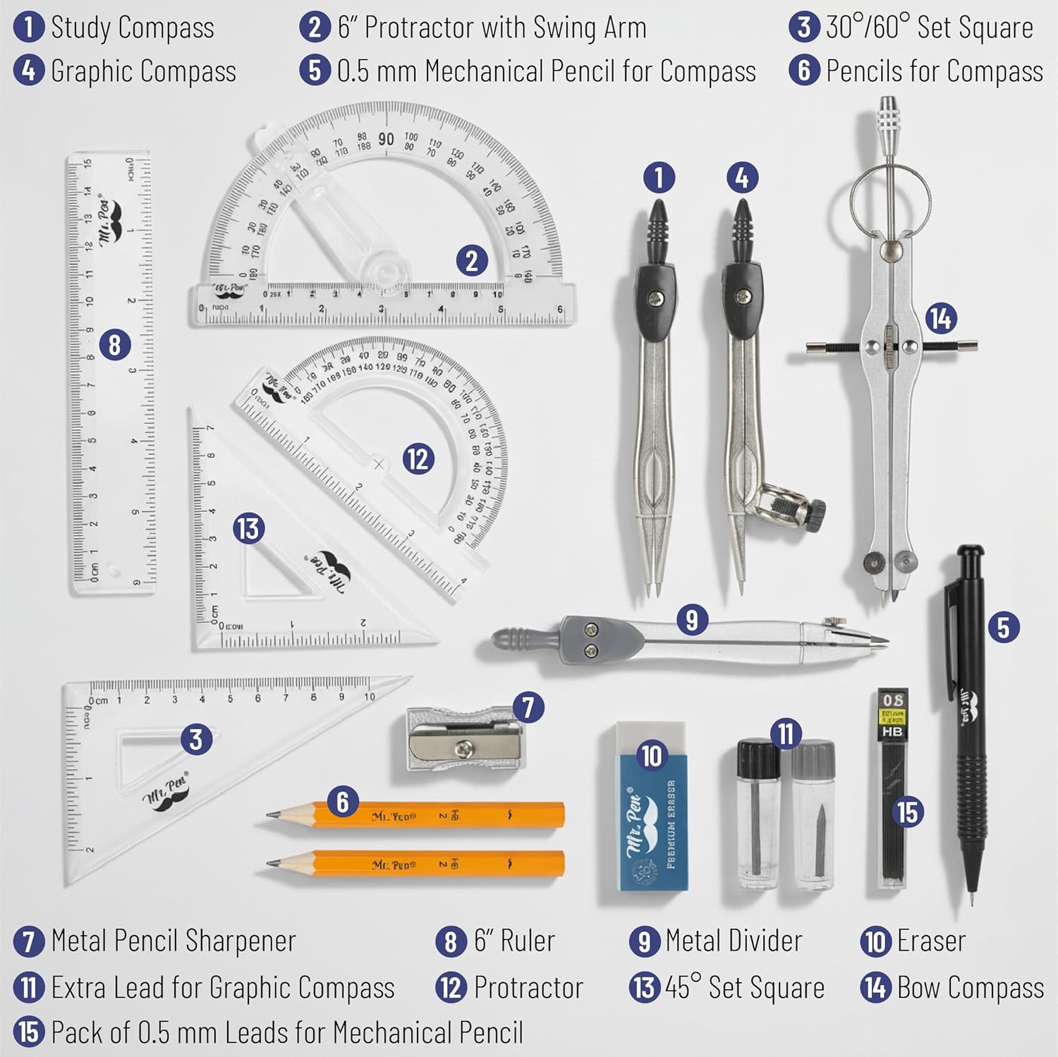Geometry Set with 6 Inch Swing Arm Protractor, Divider, Set Squares, Ruler, Compasses and Protractor, 15 Piece Set