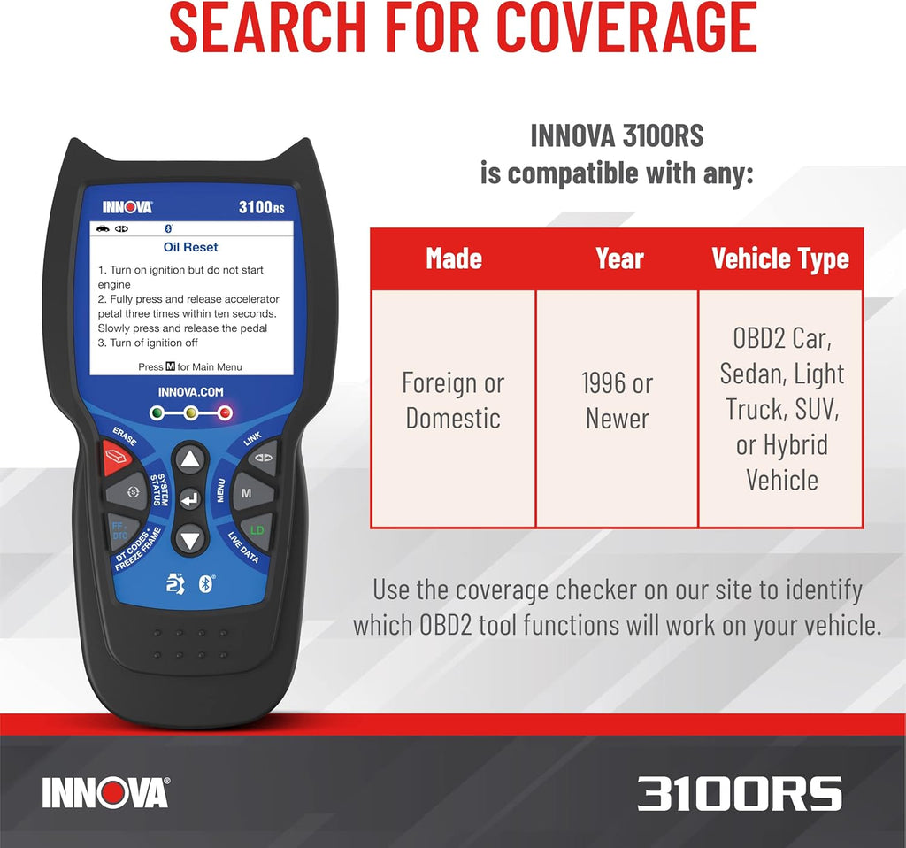 INNOV 3100RS OBD Scanner AB SR Airba Sca Too wit Airba Ligh Oi Ligh Reset Strea Grap Recor Liv Data Ge Suggeste Repai Part o iPhon o Android