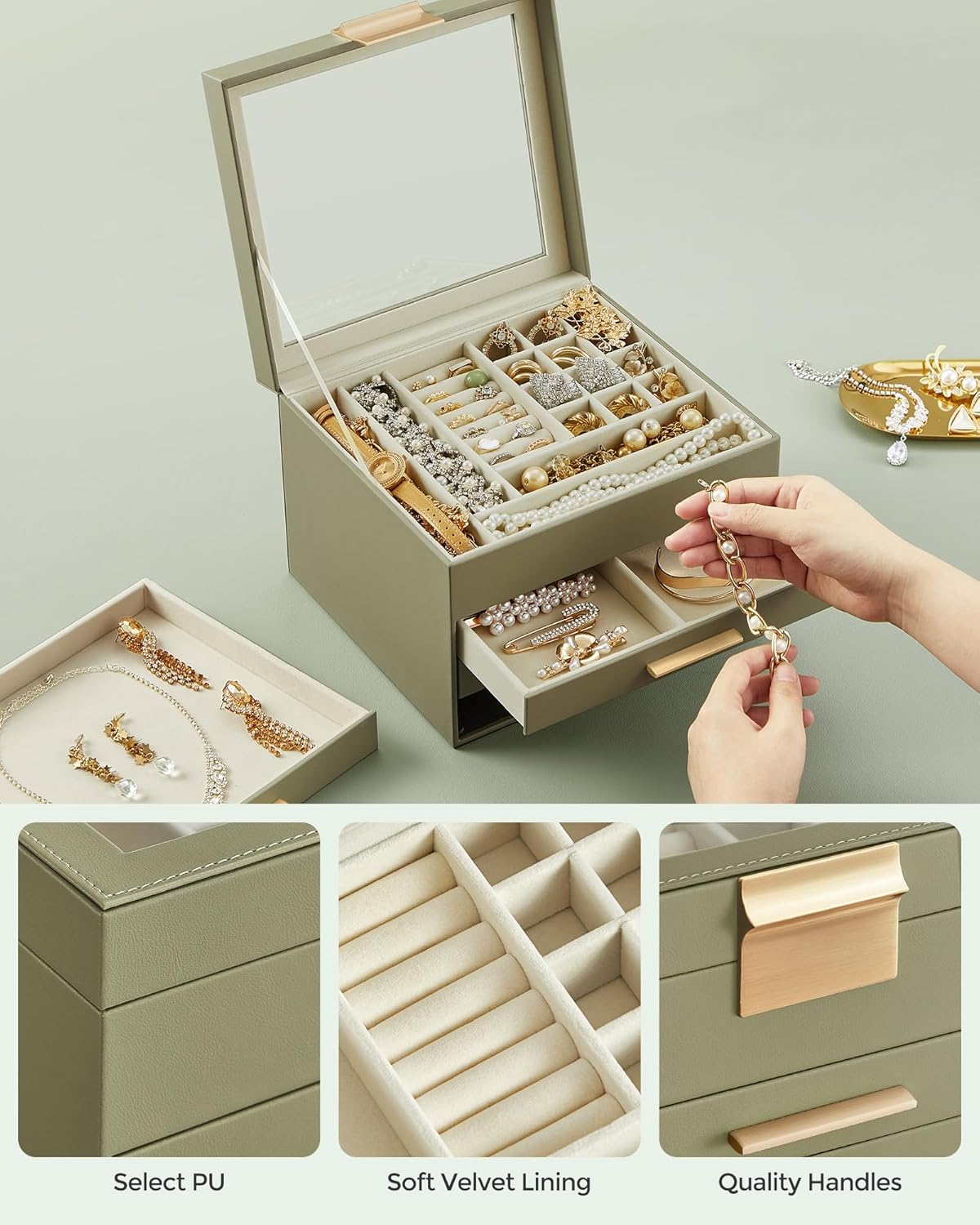 Jewelry Box Organizer with Glass Lid, 4-Layer Jewelry Storage, with 3 Drawers, Modern Style, Christmas Gift, 8 x 9.1 x 6.5 Inches, Avocado Green and Gold Color UJBC173C02