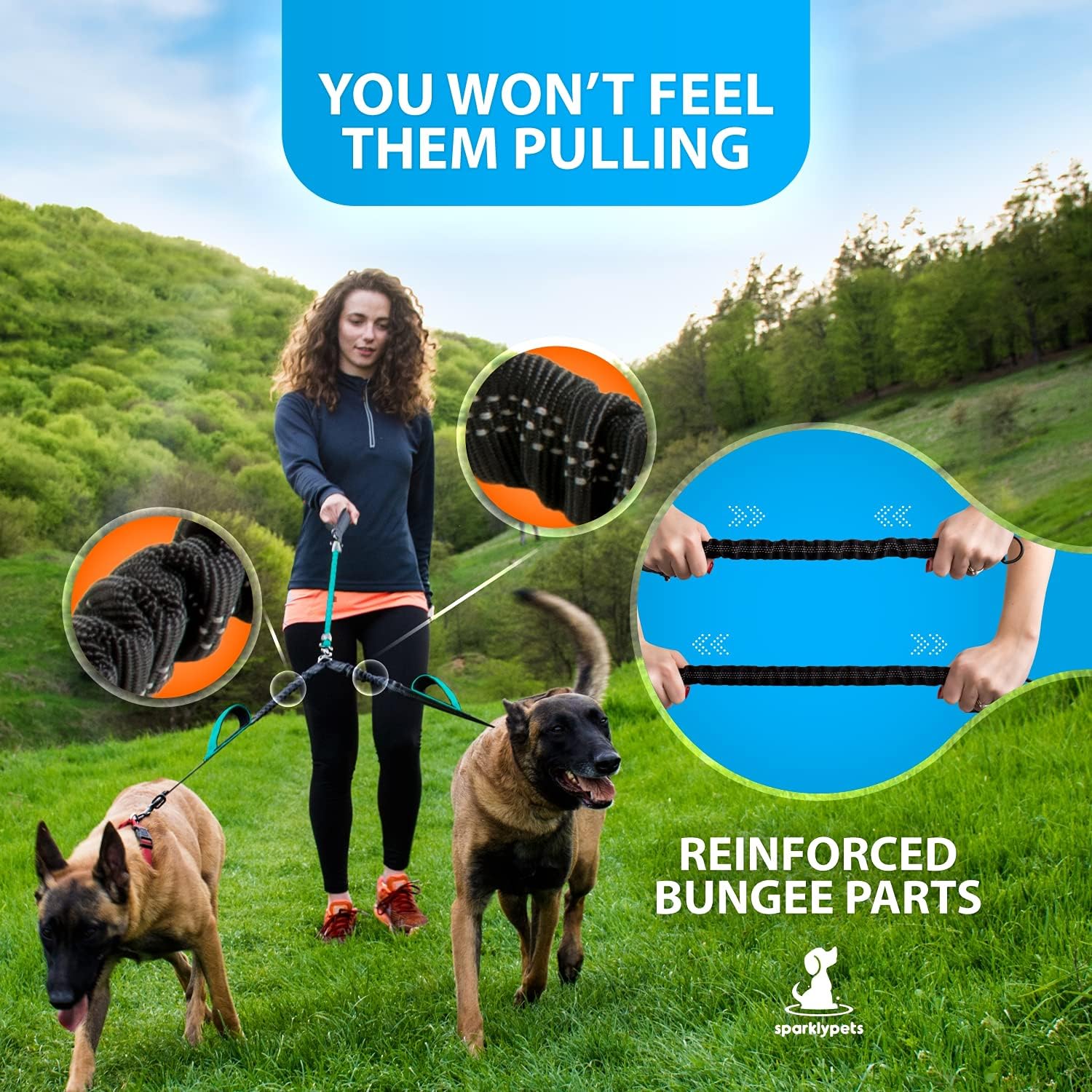 SparklyPets Double Dog Leash for 2 Dogs ¨C Rope Bungee Dual Leash for Medium and Large Breeds with Padded Handles & Tangle Free (Teal, Medium/Large)