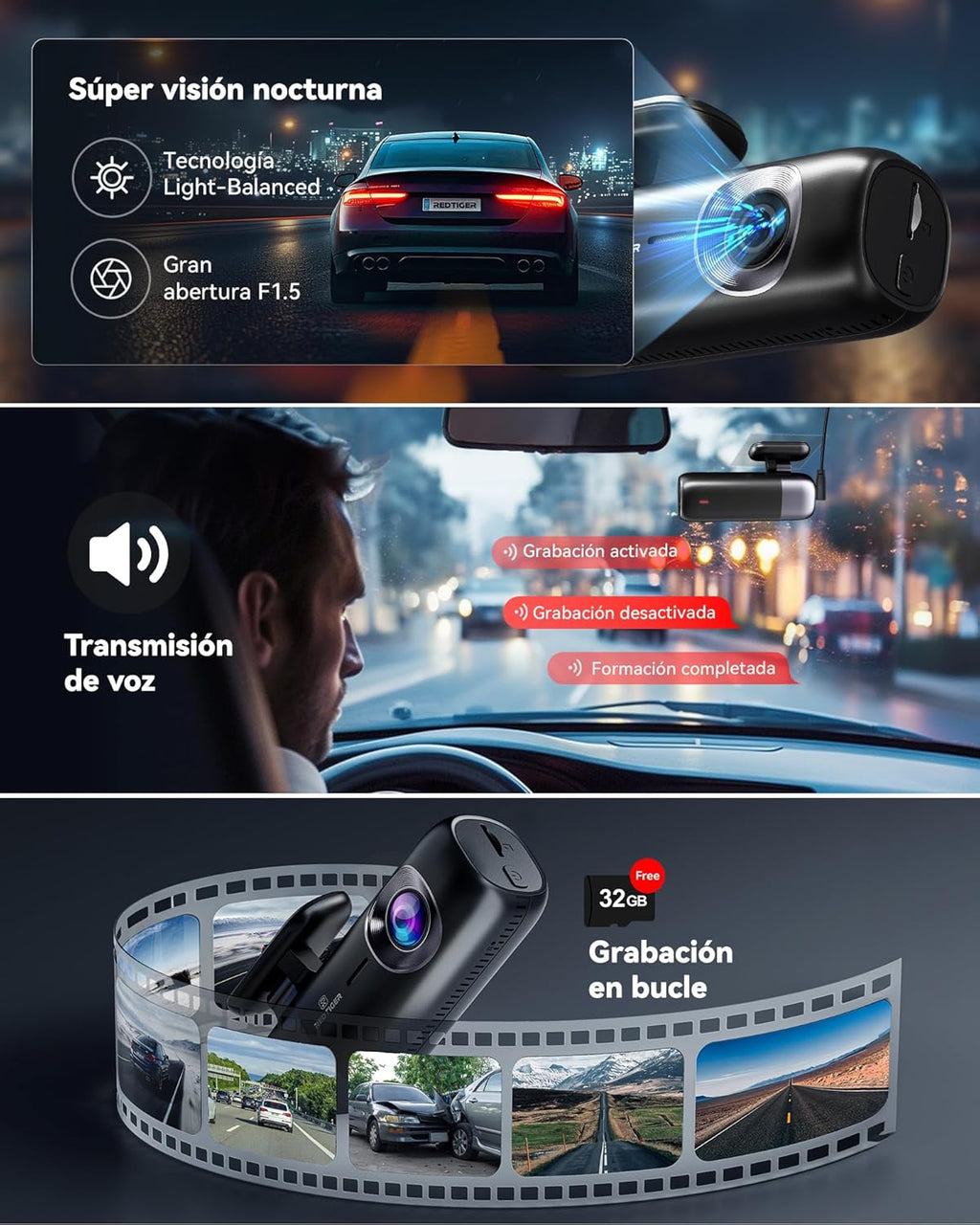 REDTIGE F Das Ca 4 Fron an Rea 1080P WiF GP Ca Camer wit 32G Card Dua Das Camer fo Cars Loo Recording Nigh Vision Parkin Mode Smar Ap Control Suppor 256G Max