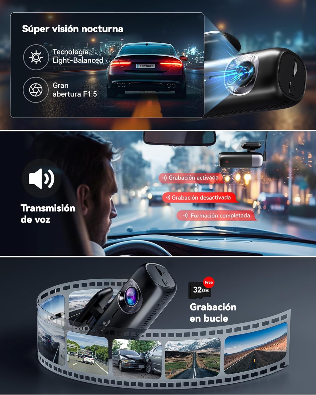 REDTIGE F Das Ca 4 Fron an Rea 1080P WiF GP Ca Camer wit 32G Card Dua Das Camer fo Cars Loo Recording Nigh Vision Parkin Mode Smar Ap Control Suppor 256G Max