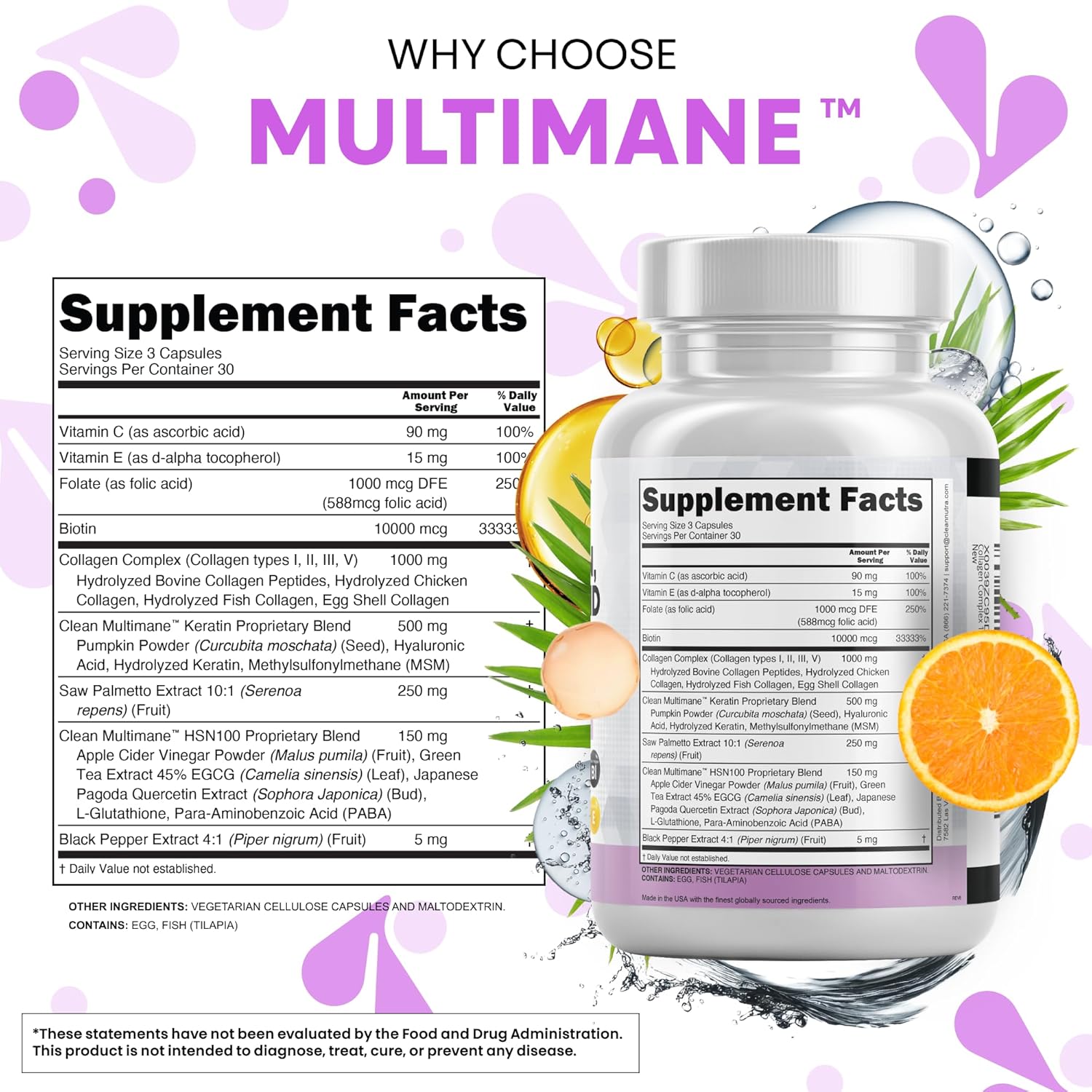 Clean Nutraceuticals Collagen Pills 1000mg Biotin 10000mcg Keratin Saw Palmetto Hyaluronic Acid - Hair Skin Nails Vitamins DHT Blocker with Vitamin E Folic Acid Pumpkin Seed MSM - 90 Count