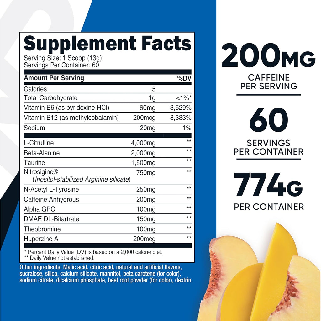 Nutricost Pre-Workout Complex Powder (60 Servings, Peach Mango) - Pre-Workout Supplement with Beta-Alanine, Taurine & Amino Acids