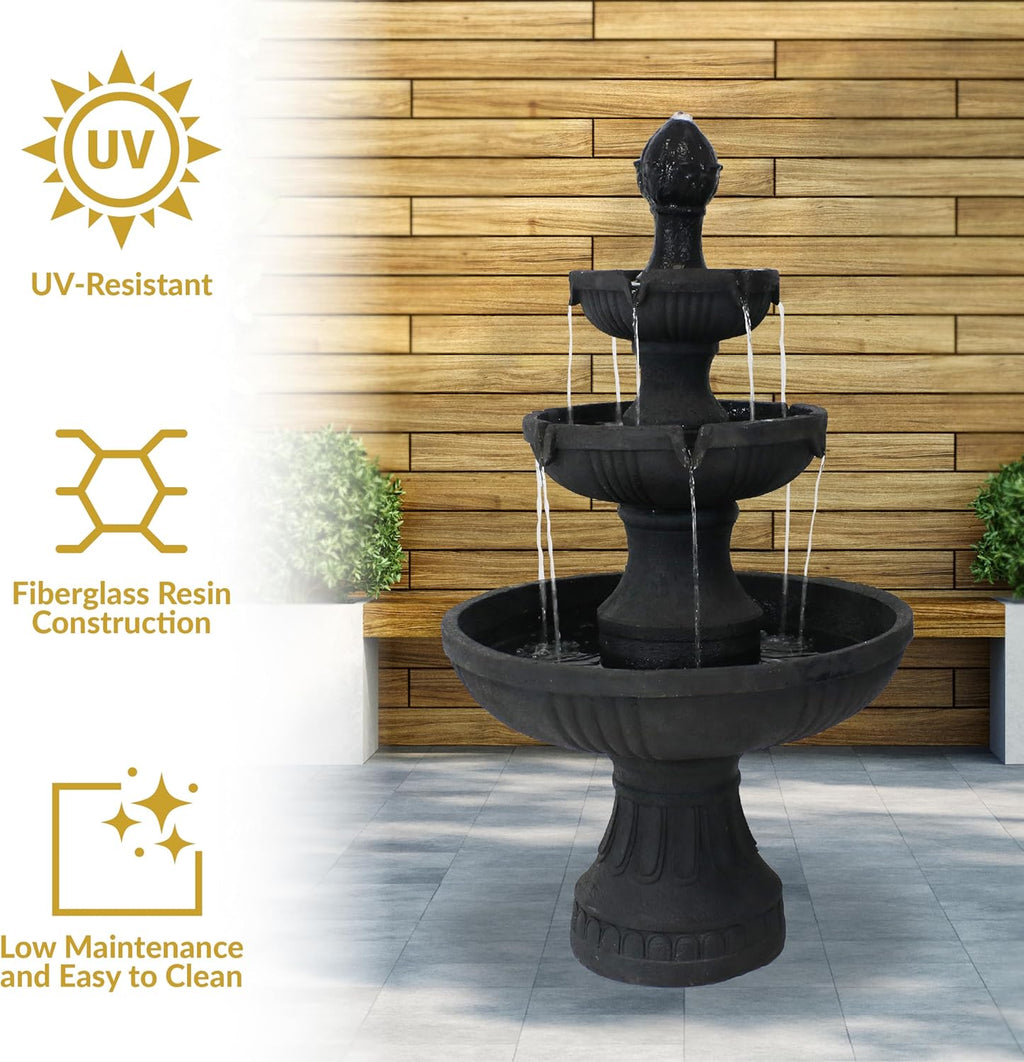 Sunnydaze Flower Blossom 43-Inch Electric Water Fountain - Outdoor Water Feature - 3-Tier Fountain - Black Finish