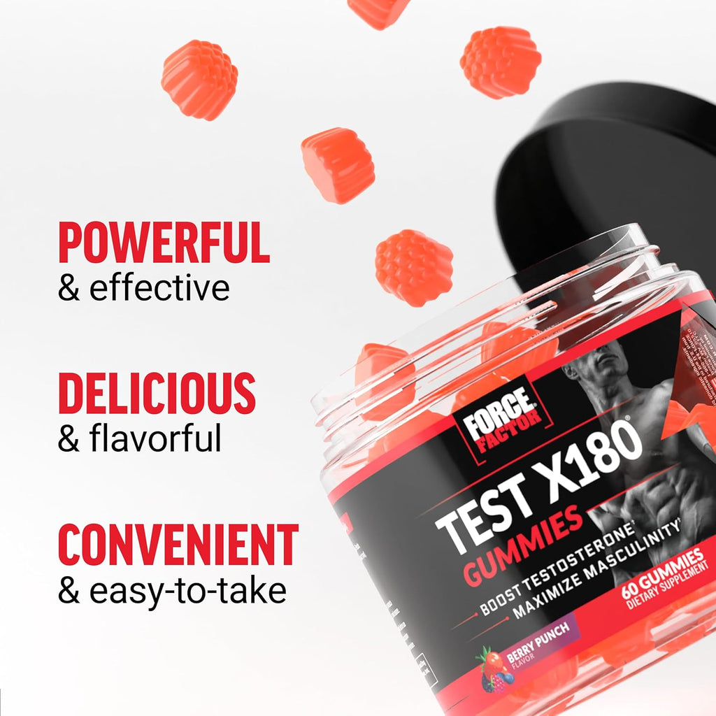 Force Factor Test X180 Gummies Testosterone Booster for Men with Tongkat Ali, Horny Goat Weed, Tribulus Terrestris, Fenugreek, Black Maca, Supplement Men, Berry Punch, 60 Gummies, 1-Pack