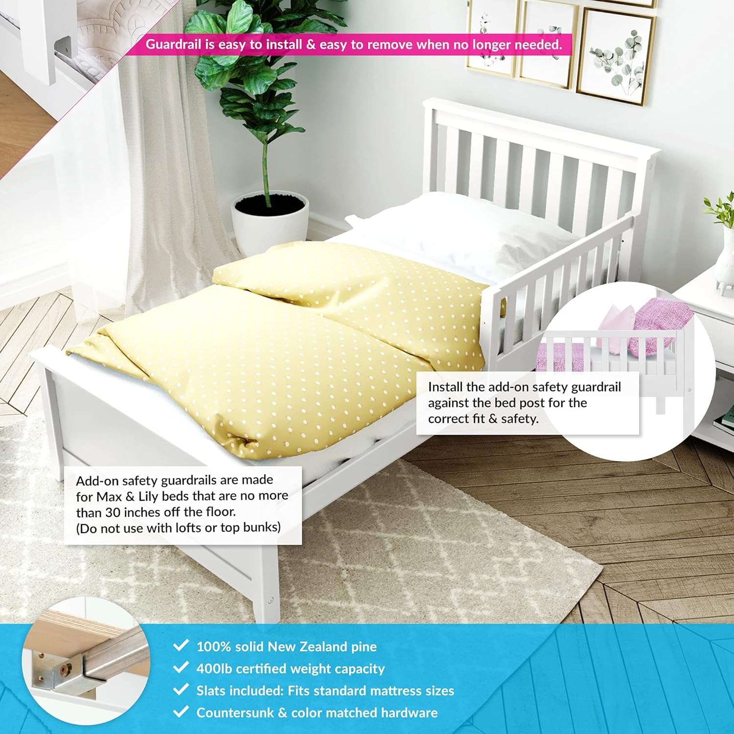 Max & Lily Twin Bed, Bed Frame with Headboard For Kids with 1 Guard Rail, Slatted, White