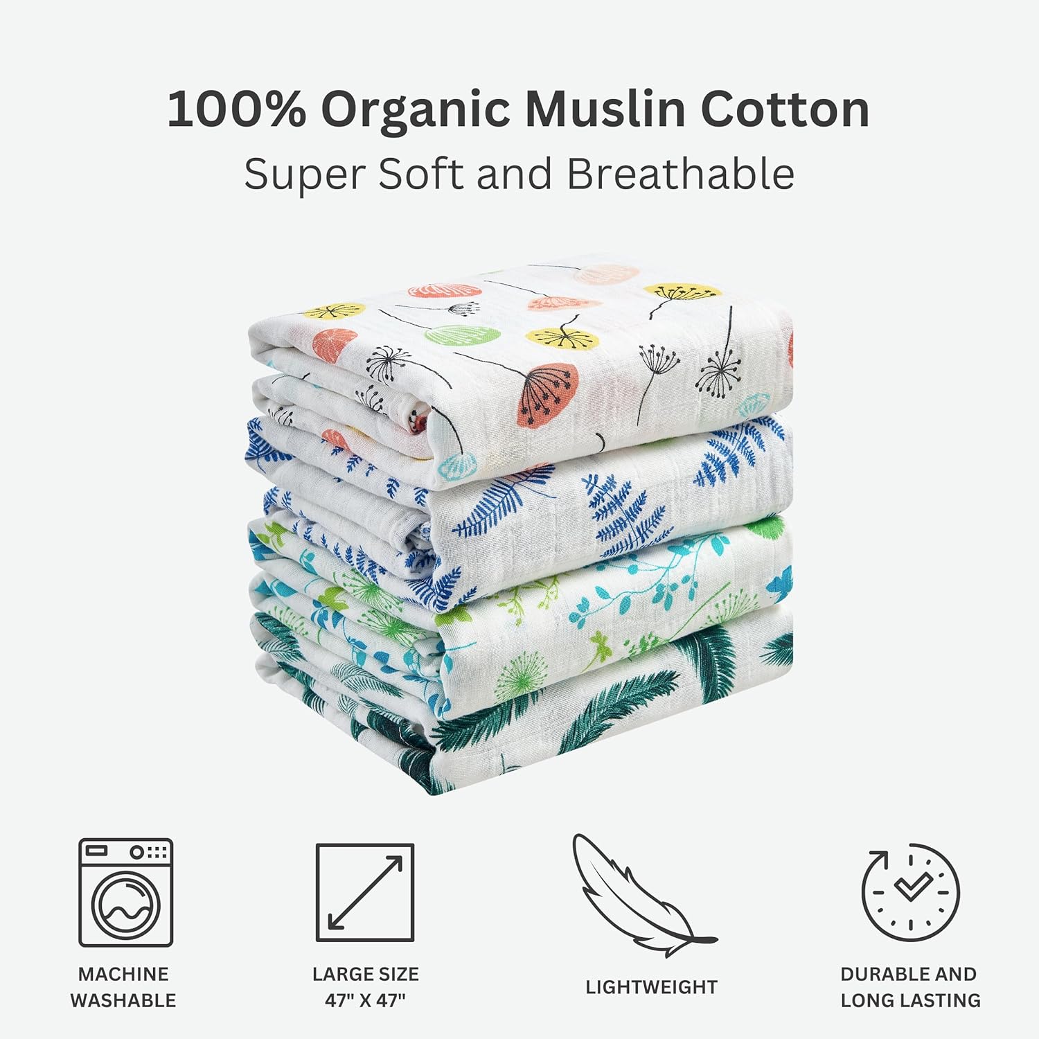 Margau Ma Organi Musli Swaddl Blanket Pac 100 Organic Larg 47x4 Inches Breathabl Bab Blankets Pin Dandelio an Gree Meadow