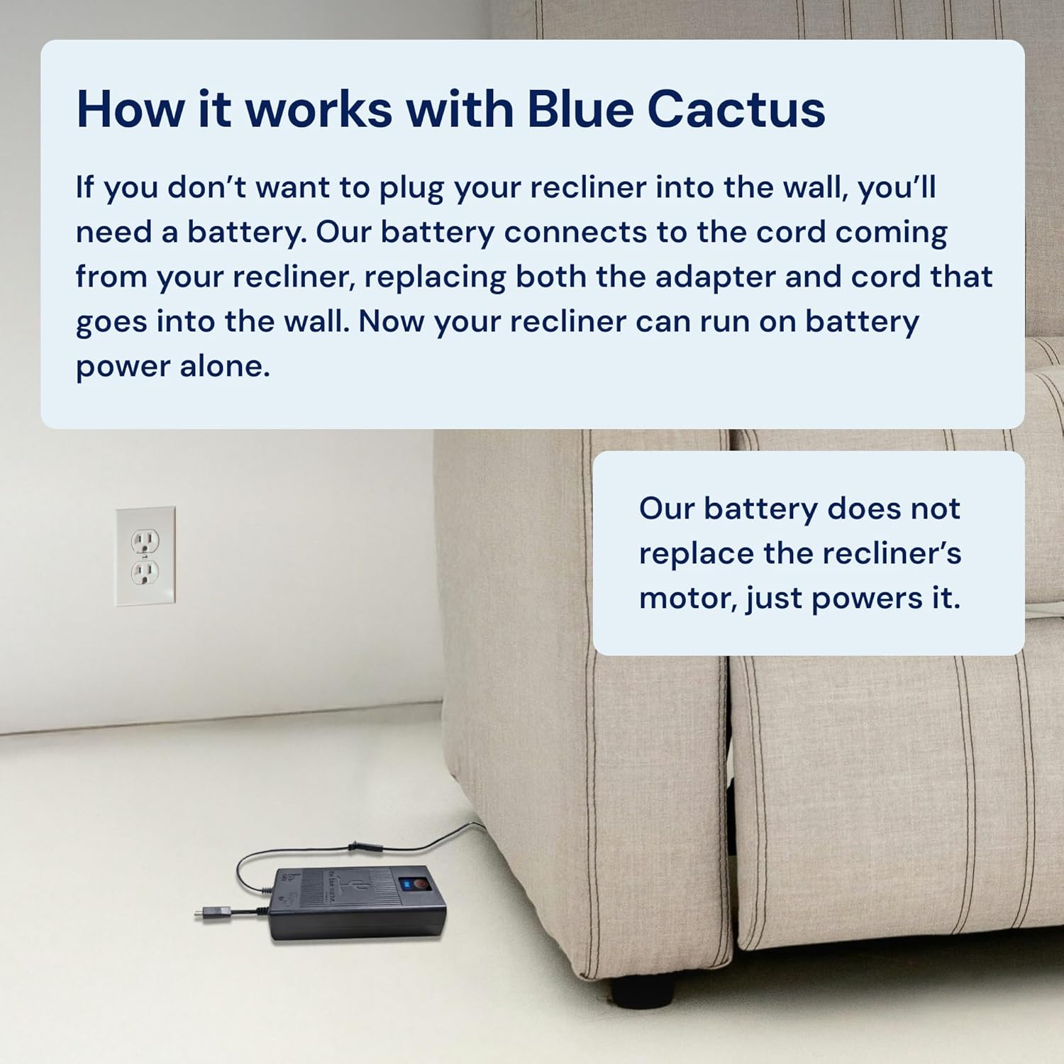 The Blue Cactus Company Battery Pack for Reclining Furniture - 2500mAh, 2-Pin Connector - LCD Display for Recliner Chair - Portable Power Supply - Cord-Free Floors