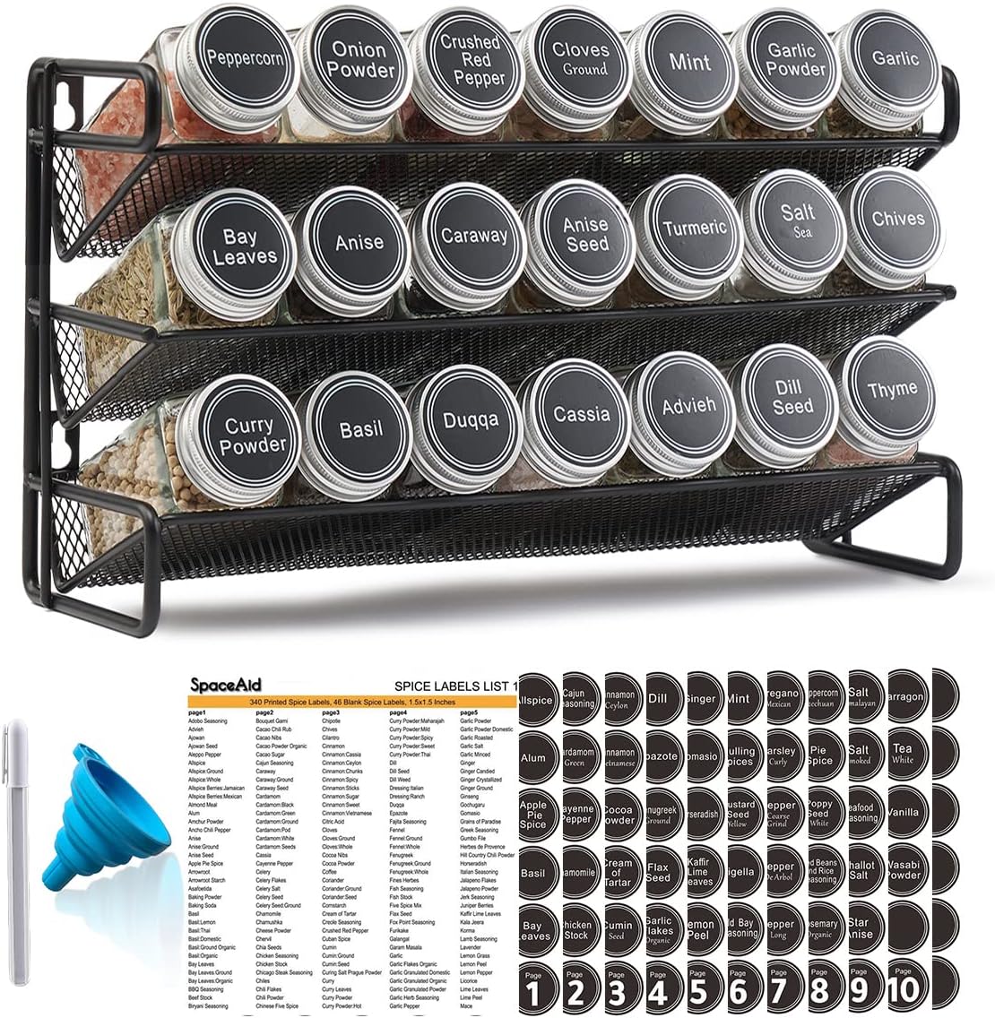 SpaceAid Spice Rack Organizer with 21 Spice Jars, 386 Spice Labels, Chalk Marker and Funnel Set for Cabinet, Countertop, Pantry, Cupboard or Door Wall Mount - 21 Jars, 13.4inch W ¡Á 9inch H, Black