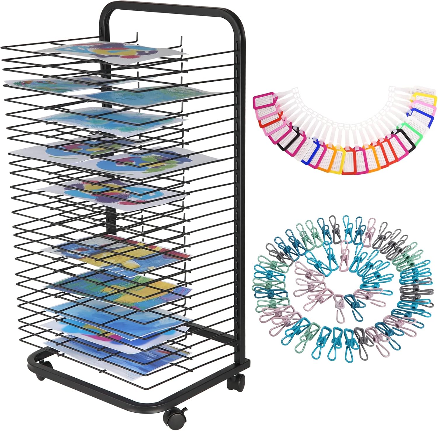 Ar Dryin Rac wit Lockabl Wheel Meta Ar Storag Rac wit 2 Removabl Shelves Ar Organize Heigh 41. i fo Ar Studio Artwork Craf Roo an Desktop Black
