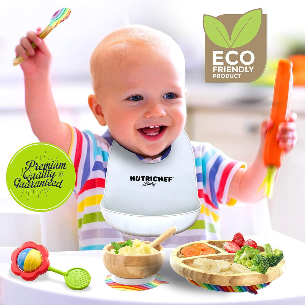 NutriChe Bab an Toddler compartmen plate bowl an spoo feedin set silicon suction Non-toxi al natura Bambo bab foo plat wit silicon bi (Rainbow) Small