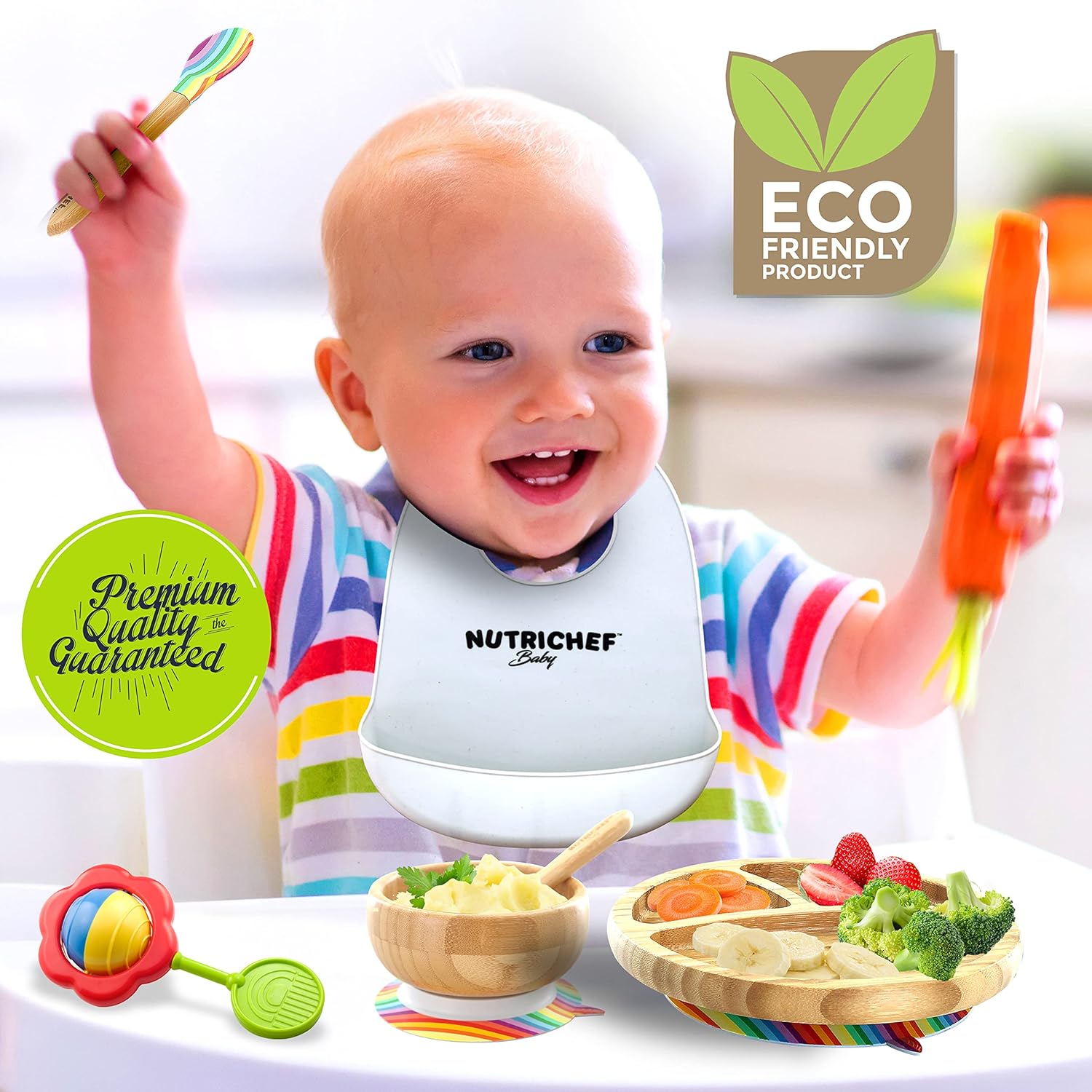NutriChe Bab an Toddler compartmen plate bowl an spoo feedin set silicon suction Non-toxi al natura Bambo bab foo plat wit silicon bi (Rainbow) Small