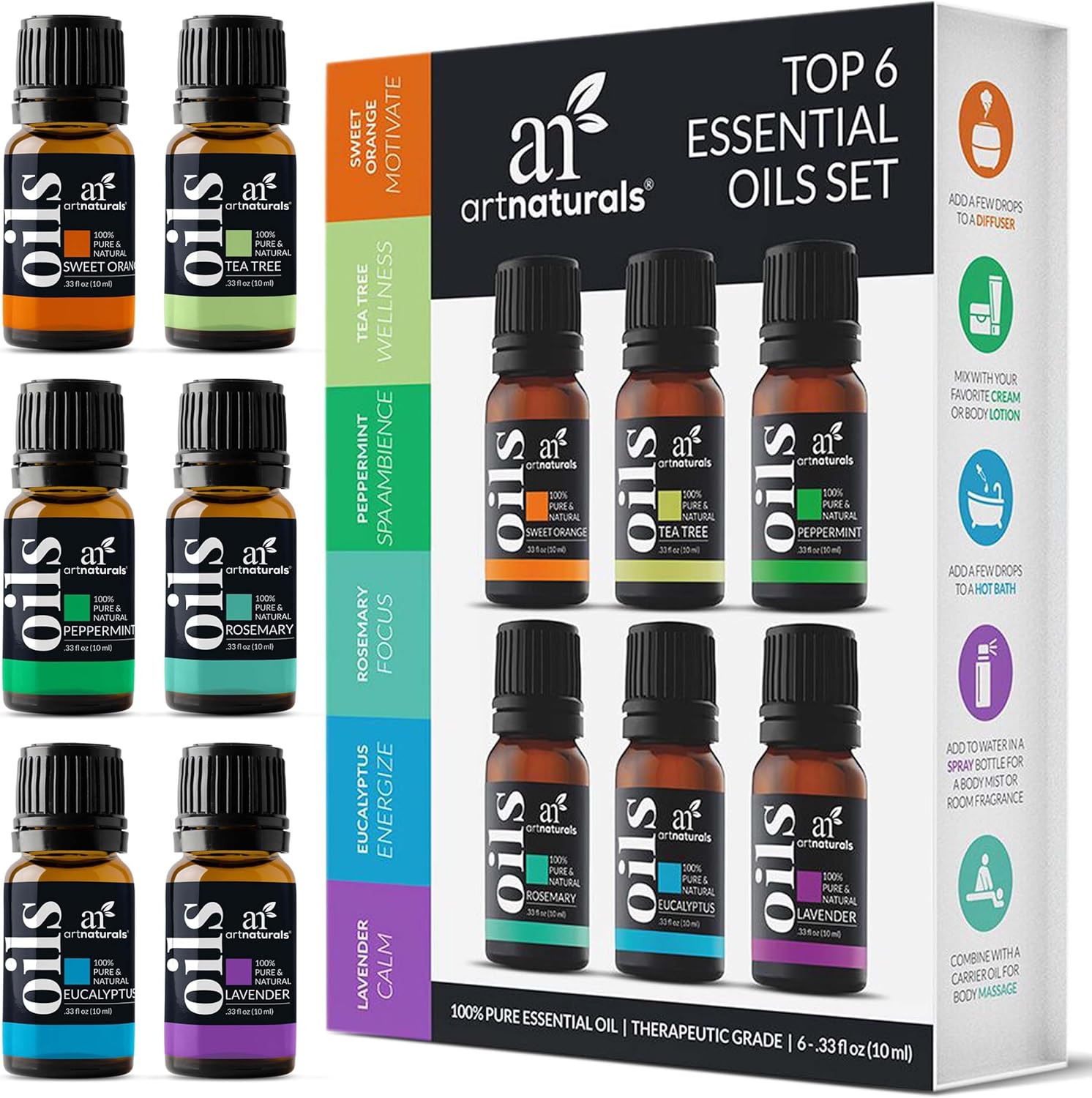 ArtNatural Aromatherap Top- Essentia Oi Se ( 10m Bottles 100 Pur o Th Highes Therapeuti Grad Premiu Gif Se Lavender Peppermint Te Tree Eucalyptus