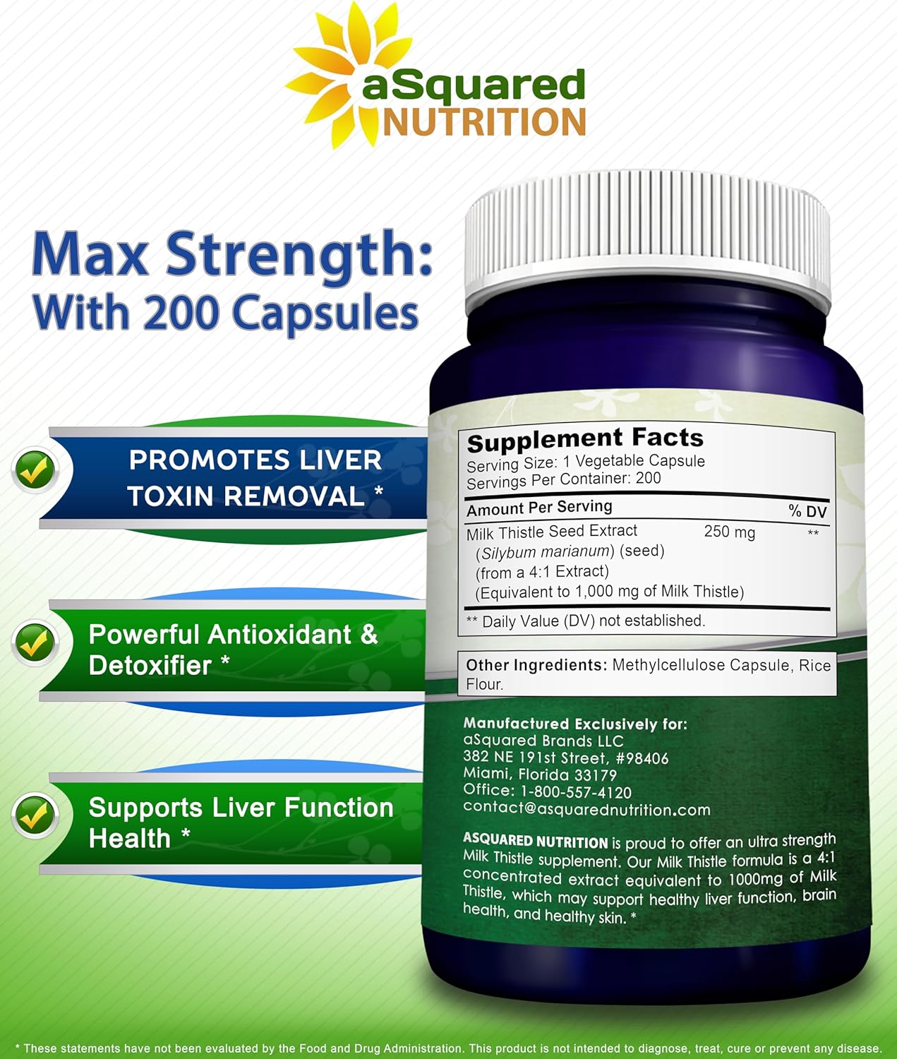 aSquare Nutritio Mil Thistl Supplemen 1000mg-20 Capsules,Ma Strengt 4 Concentrate Extrac 4: Mil Thistl See Powde Her Pills 100 m Silymari Extrac fo Live Support Cleanse Detox