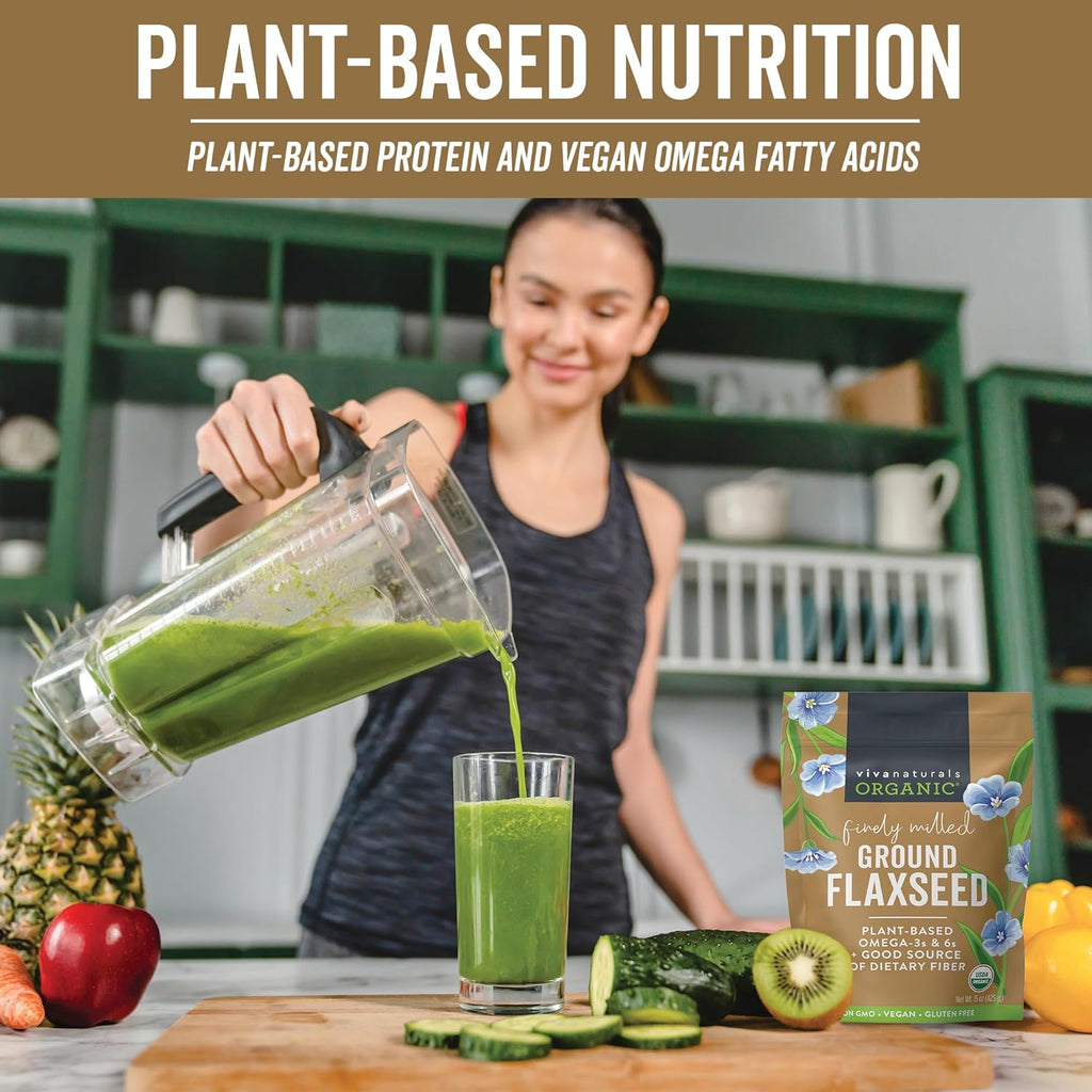 Viva Naturals Organic Ground Flaxseed, 15 oz (425 g) ¨C Plant-Based Protein, Vegan Omega-3 Fiber, Finely Milled Flax Seeds, Perfect for Smoothies Baking