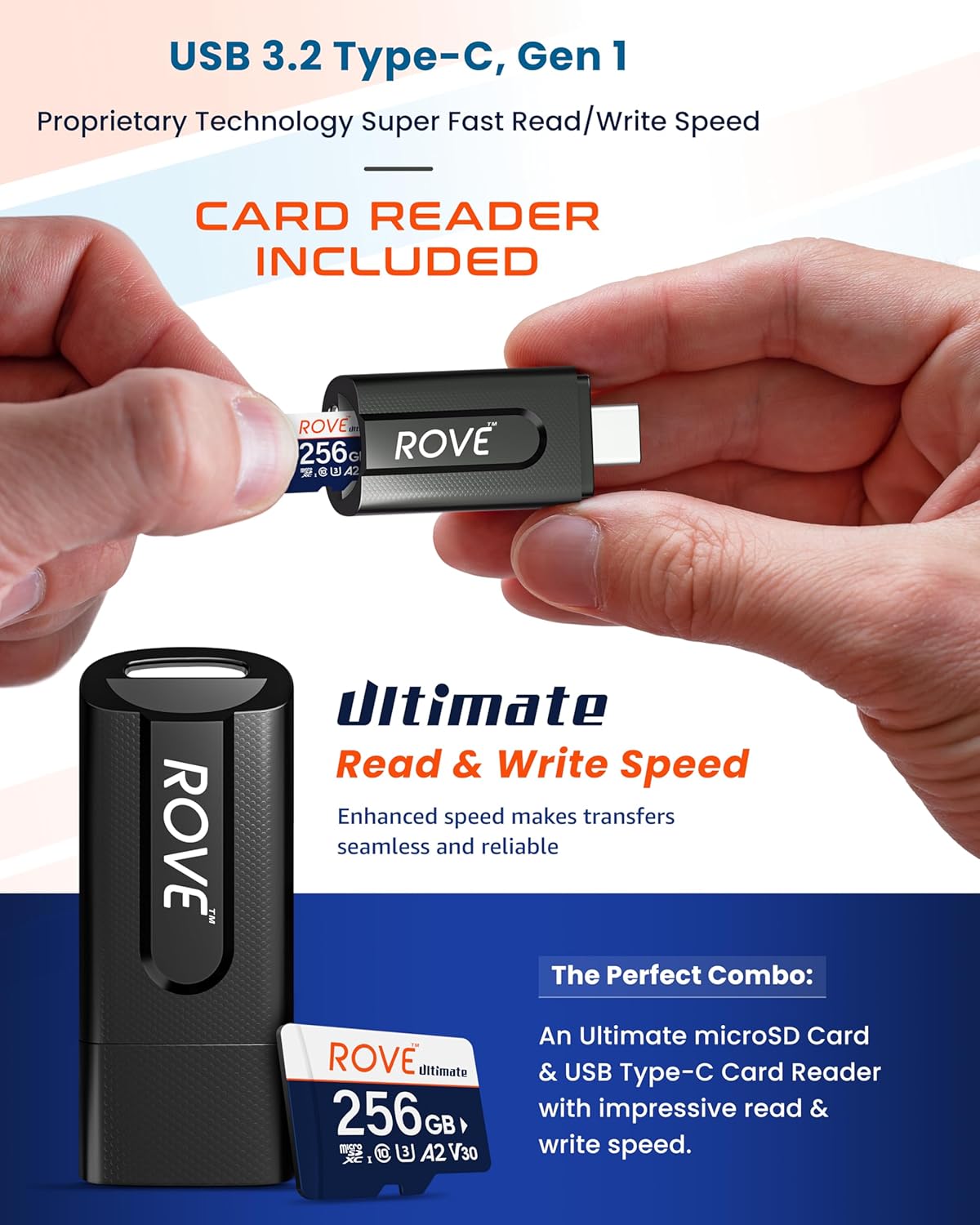 Ultimate Micro SD Card microSDXC 256GB Memory Card with USB 3.2 Type C Card Reader 170MB/s C10, U3, V30, 4K, A2 for Dash Cam, Android Smart Phones, Tablets, Games