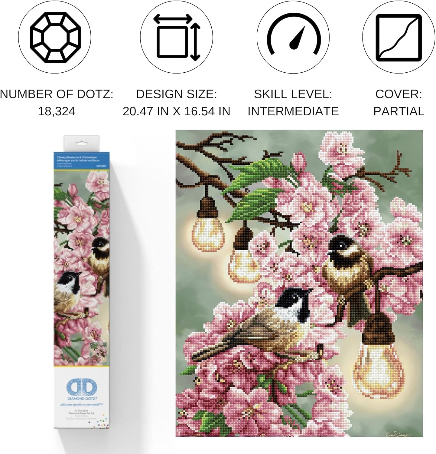DIAMON DOT Cherr Blossom Chickadee Ar Craf Kit Partia Dril Roun Dot fo Adults