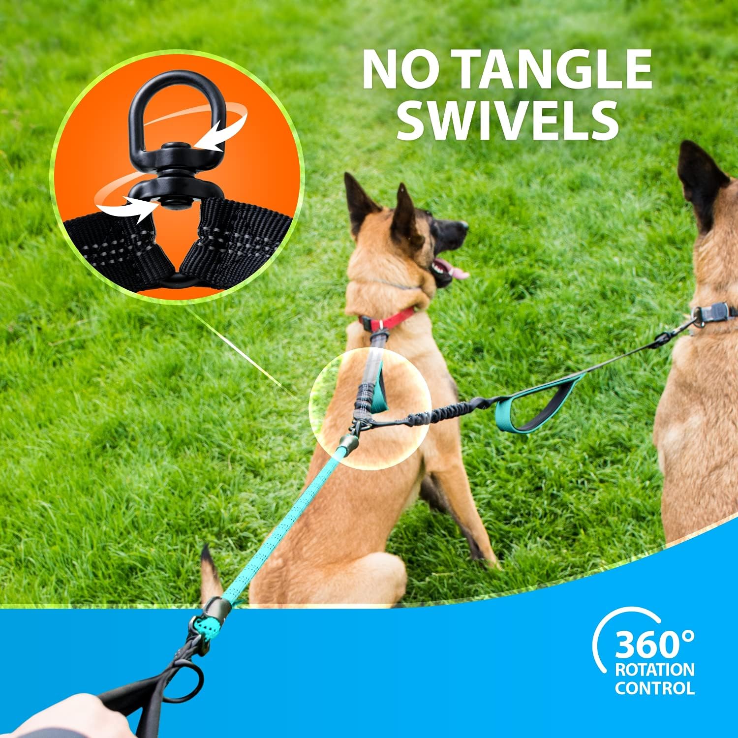 SparklyPets Double Dog Leash for 2 Dogs ¨C Rope Bungee Dual Leash for Medium and Large Breeds with Padded Handles & Tangle Free (Teal, Medium/Large)