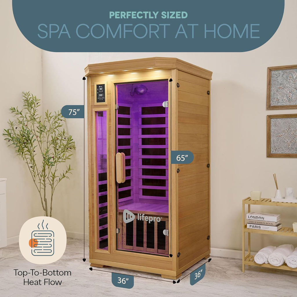 LifePro 1 Person Far Infrared Sauna for Home - Home Sauna, Tempered Glass Door, Oxygen Ionizer, & 7 Chromotherapy Lights for Indoor Sauna - Canadian Hemlock Wood Dry Sauna with Bluetooth Sound System