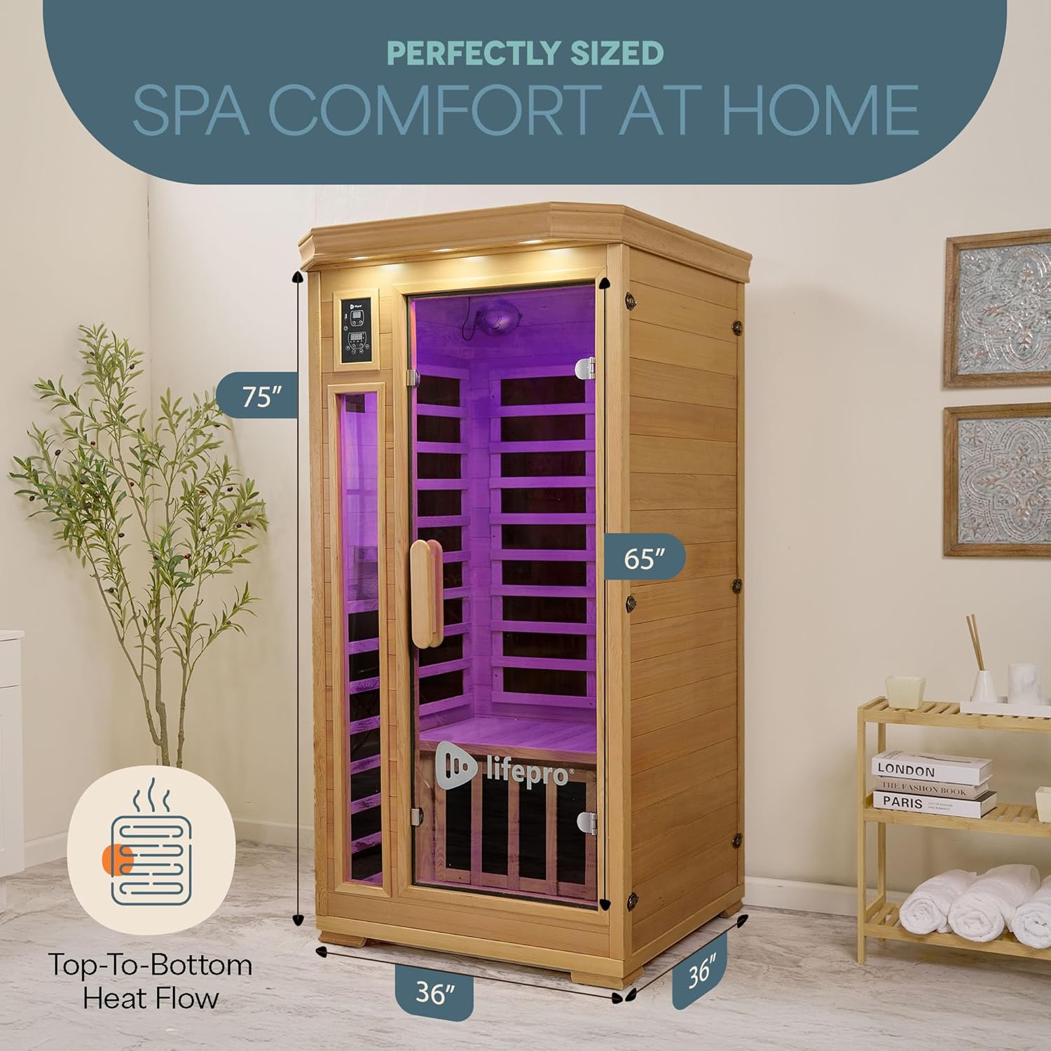 LifePro 1 Person Far Infrared Sauna for Home - Home Sauna, Tempered Glass Door, Oxygen Ionizer, & 7 Chromotherapy Lights for Indoor Sauna - Canadian Hemlock Wood Dry Sauna with Bluetooth Sound System