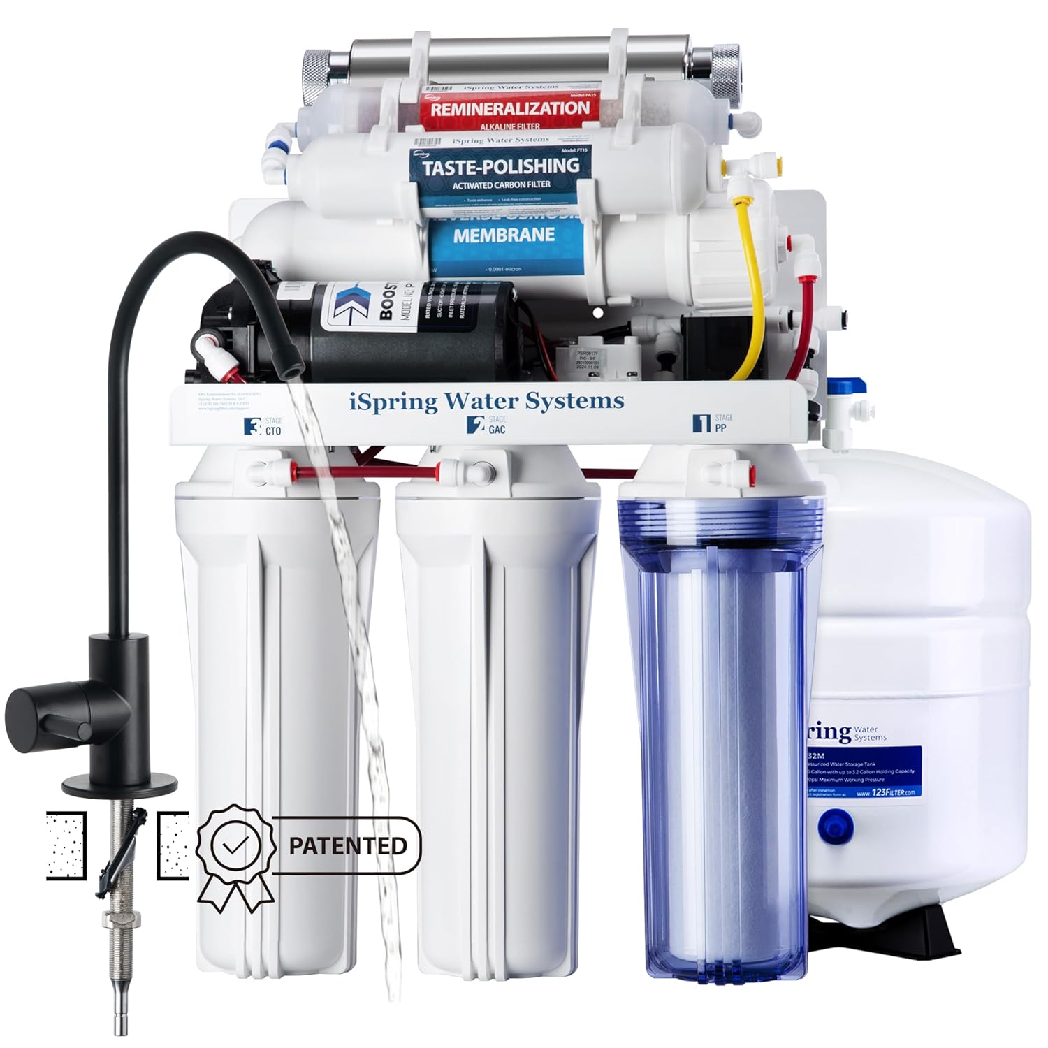 iSpring RCC1UP-AK-BLK, 7-Stage Alkaline UV Reverse Osmosis Water Filter with Booster Pump, Sleek Black RO Faucet TDS PFAS Microplastic Removal, Patented Top-Mounted Faucet Design for Easy Installation