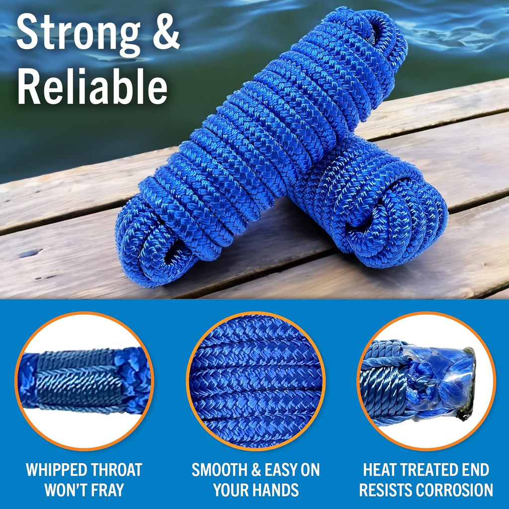 Boat Dock Lines, 1/2 Inch Braided Nylon Rope, 25 ft Mooring Marine Docking Lines with Loop, Royal Blue, 2 Pack
