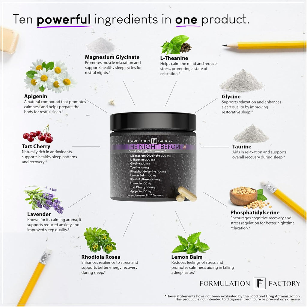 The Night Before 10-in-1 Midnight Maximizer Sleep Aid, Stress Relief, Cognition, Relaxation, Recovery, Focus, Magnesium Glycinate, L-Theanine More, (120 Capsules ¨C 2 Month Supply)