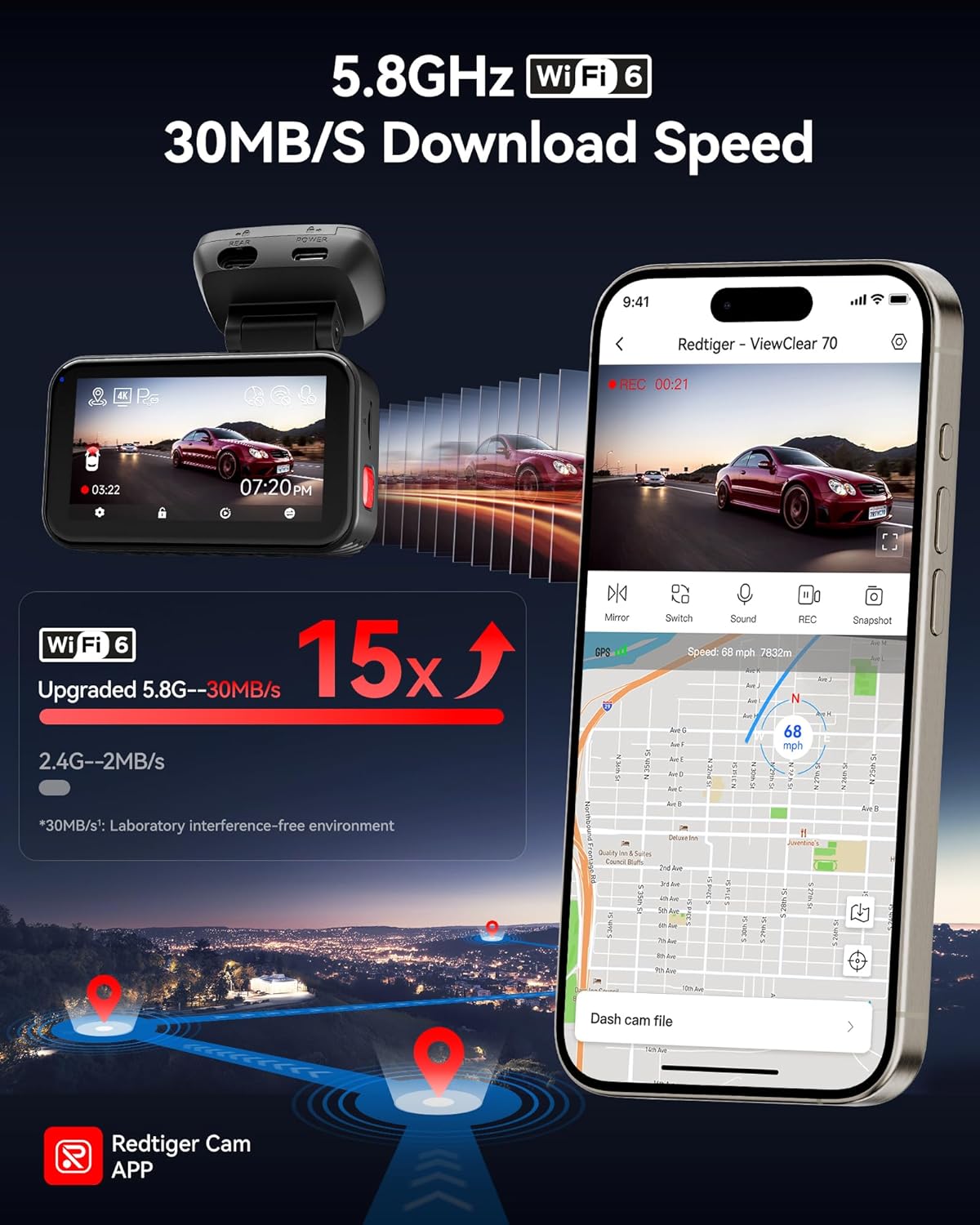 REDTIGE ViewClea 7 4K+2.5 Das Ca Fron an Rear 8M STARVI IMX67 Noctura Sensor Dua HD Hype Nigh Clarity 5.8GH WiF 6 30MB/ Fas Download Das Camer wit 24 Parkin Monitor