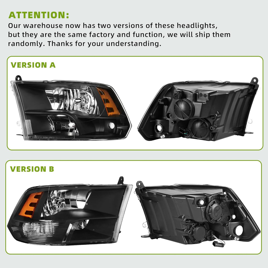 AUTOSAVER88 Headlights Assembly Compatible with 2009-2018 Dodge Ram 1500 2500 3500 Pickup / 2019-2022 Ram 1500 Classic Replacement Headlamp Black Housing (Only for Quad Models)