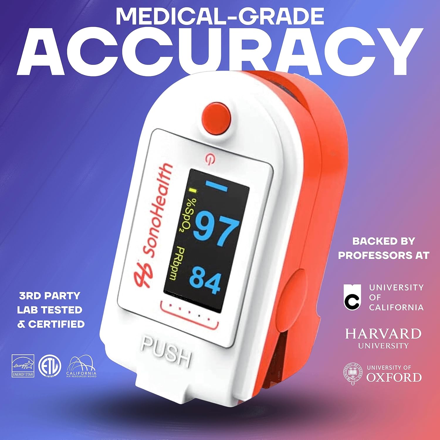Puls Oximete b SonoHealt Fingerti Bloo Oxyge Saturatio Monitor Dat Recording Bluetooth-Enable Lifetim Mobil Ap Acces (Puls Ox 1.0)