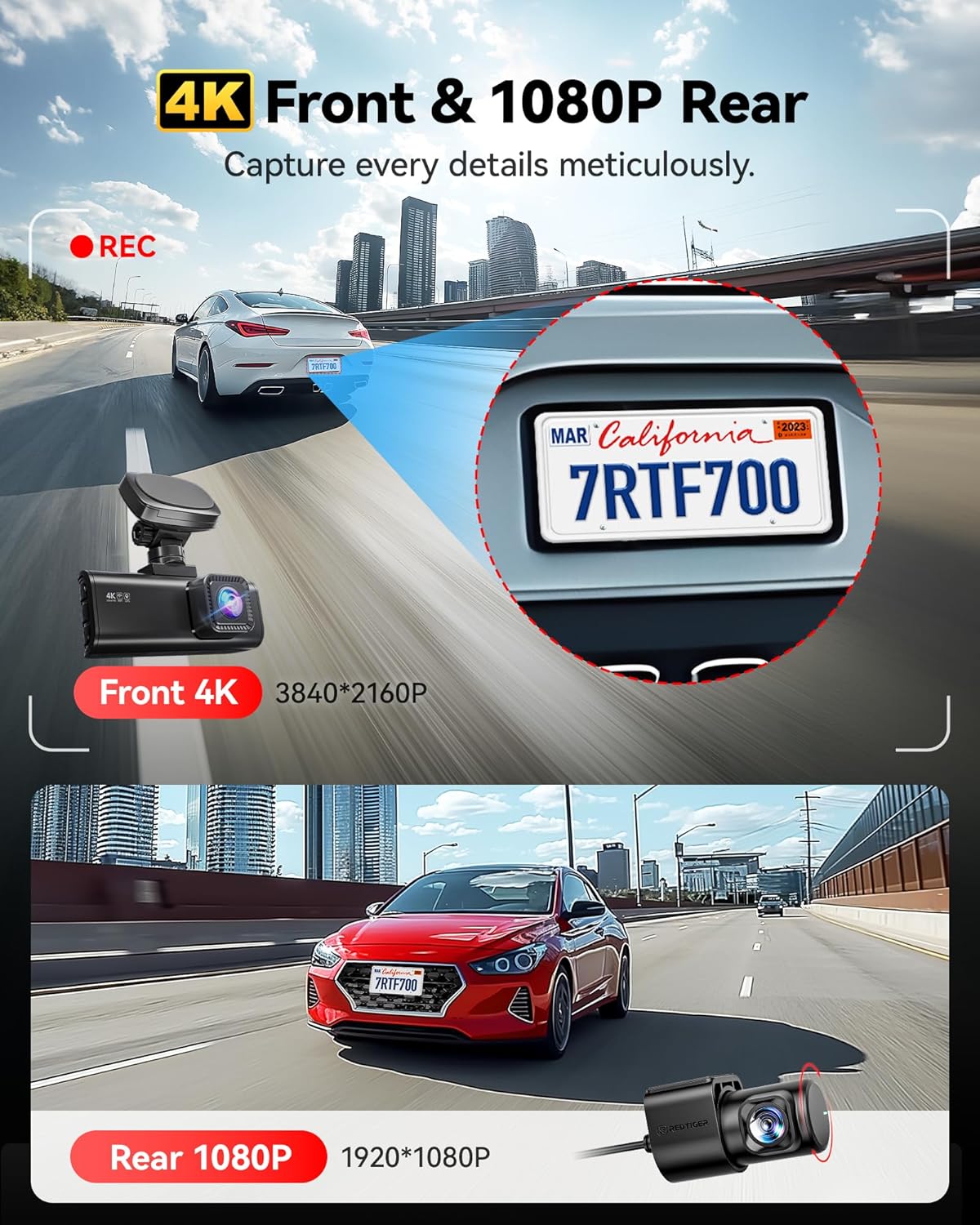 REDTIGE 4 Das Ca Fron an Rear STARVI Sensor 64G Car Included 4K/2.5K+1080 Dua Das Camer fo Car Built-i WiF GPS 3.1 Inc IP Screen 170 Wid Angle Parkin Monito (F7 Pro)