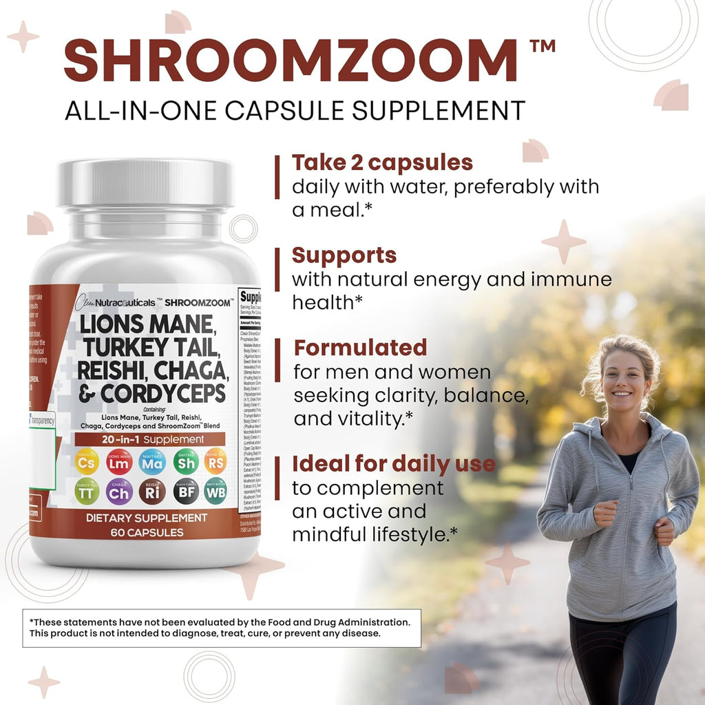 Clean Nutraceuticals Lions Mane 20in1 Mushroom Supplement with Turkey Tail Reishi Cordyceps Chaga Maitake Meshima Poria Cocos Shiitake Oyster Porcini Enoki - 1 Pack
