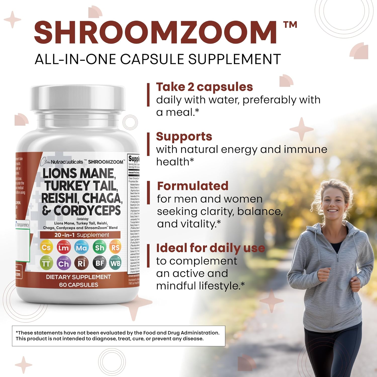 Clean Nutraceuticals Lions Mane 20in1 Mushroom Supplement with Turkey Tail Reishi Cordyceps Chaga Maitake Meshima Poria Cocos Shiitake Oyster Porcini Enoki - 1 Pack
