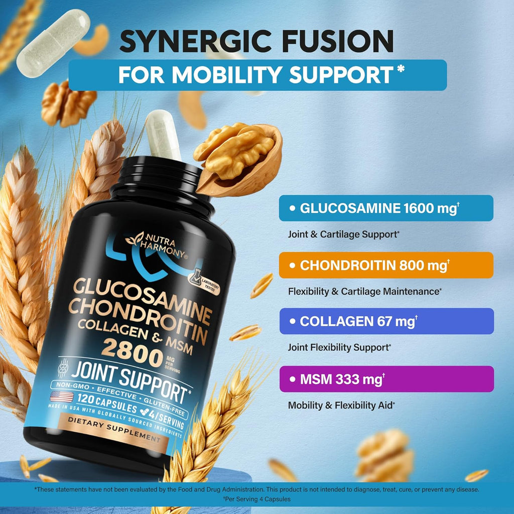 Glucosamine Chondroitin MSM Collagen | HSA | Joint Support Supplement 2800 mg | Made in USA | FSA Approved Product Items | Flexibility Nutritional Vitamins | For Men Women, 120 Capsules