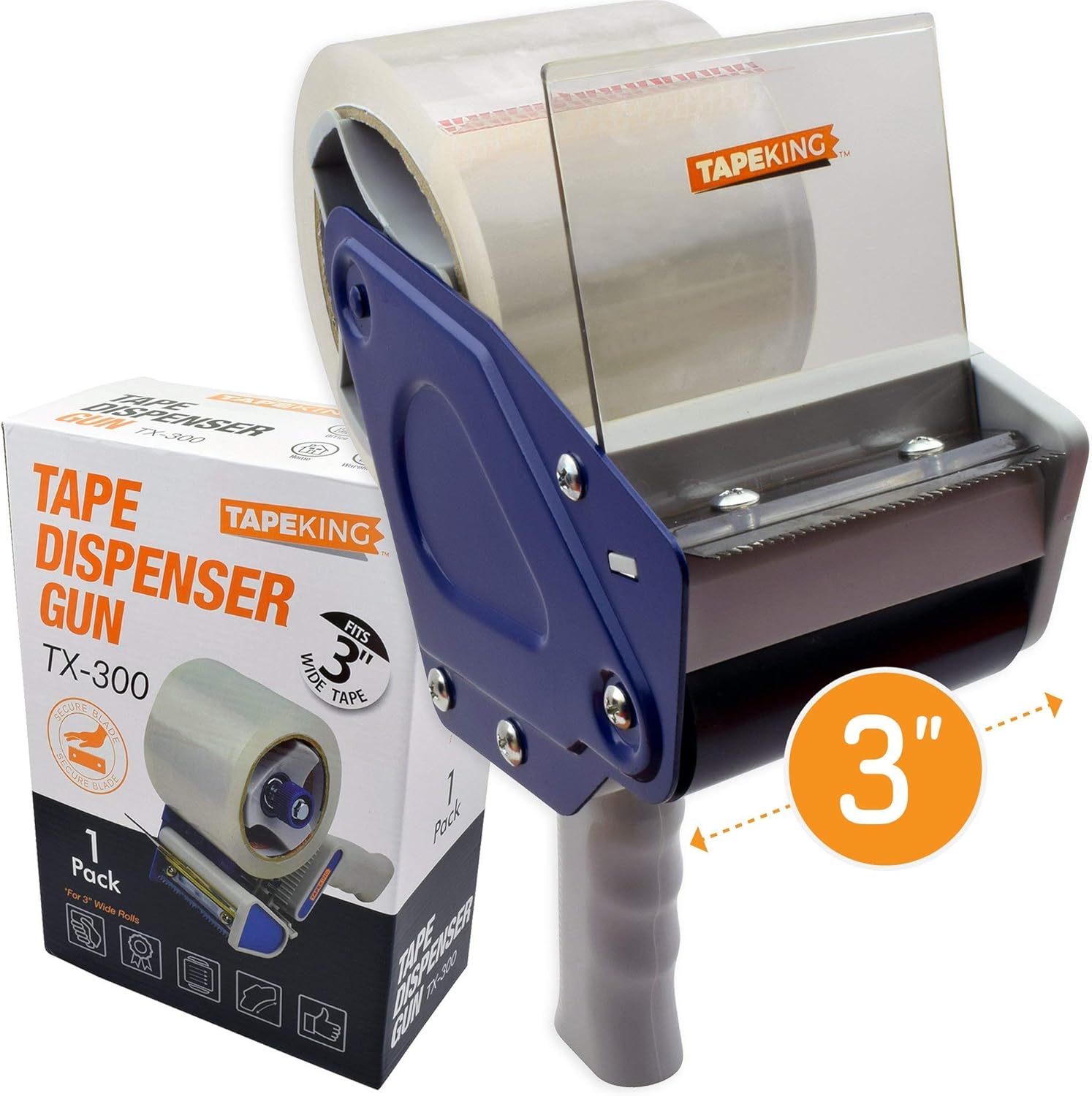 Tape King Packing Tape Dispenser Gun - Handheld Tape Gun with 1 Bonus Clear Packaging Tape (3 Inch Wide) - Shipping Tape for Sealing, Storing, and Moving Boxes, 1 Pack