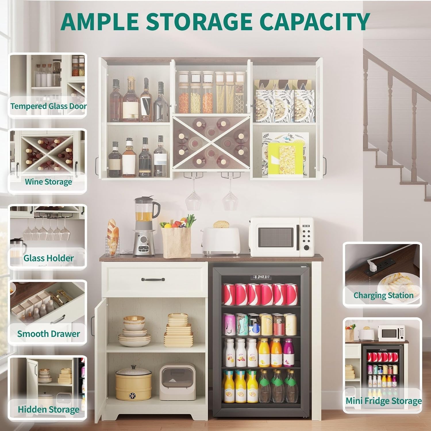 YITAHOM Min Fridg Cabine an Wal Pantr Hutc Set Coffe Ba Cabinet wit Min Fridg Spac Storage Outlet Glas Rac an Beverag Statio fo Kitchen Hom Bar Dinin Room Whit Walnut