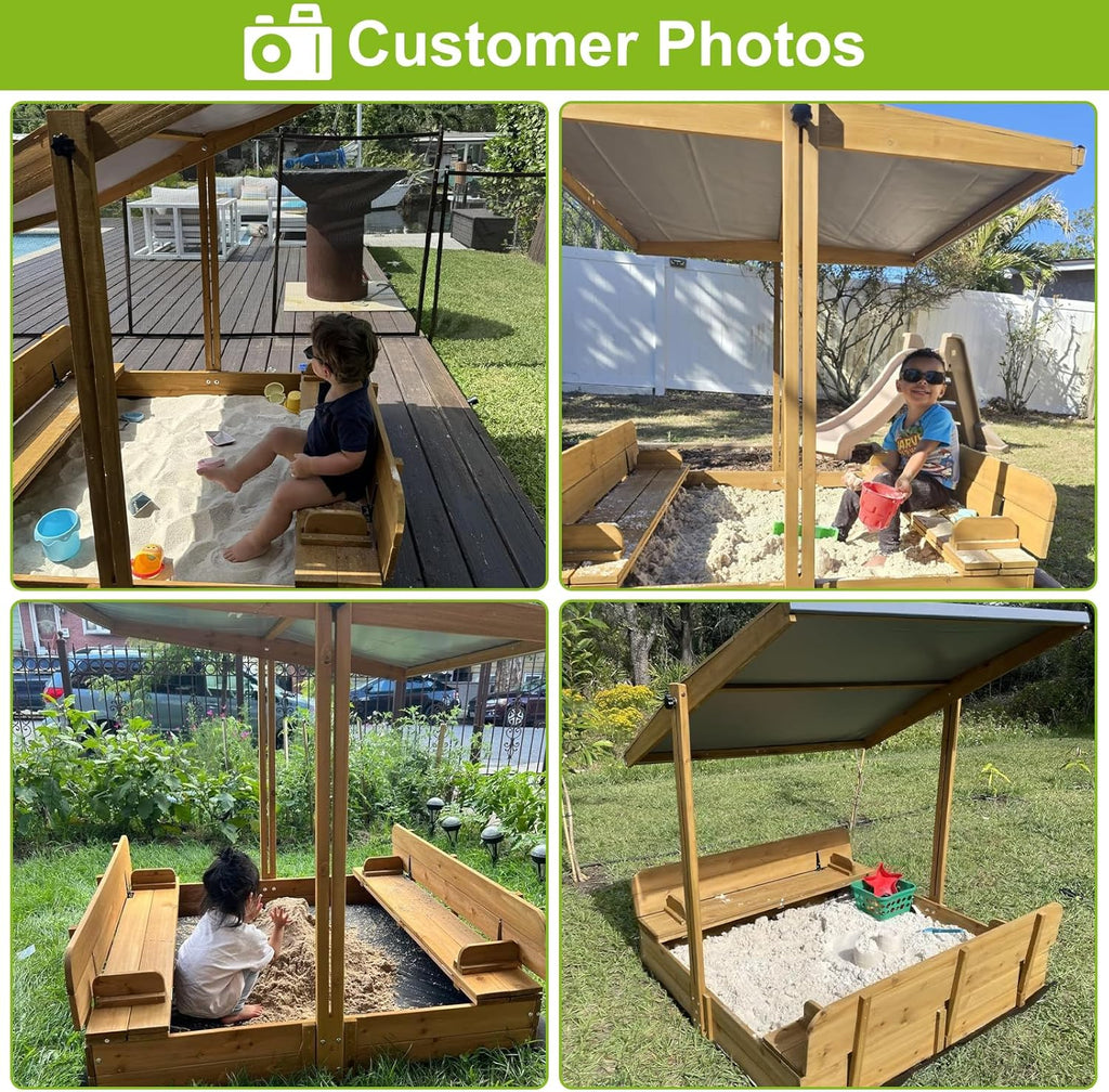 Wooden Sandbox with Lid, Kids Sandbox with Canopy Outdoor, Sandboxes with Covers Foldable Bench Seats for Backyard, UV-Resistant & Adjustable Height Roof, Gift for Ages 2-8 (47x47in)