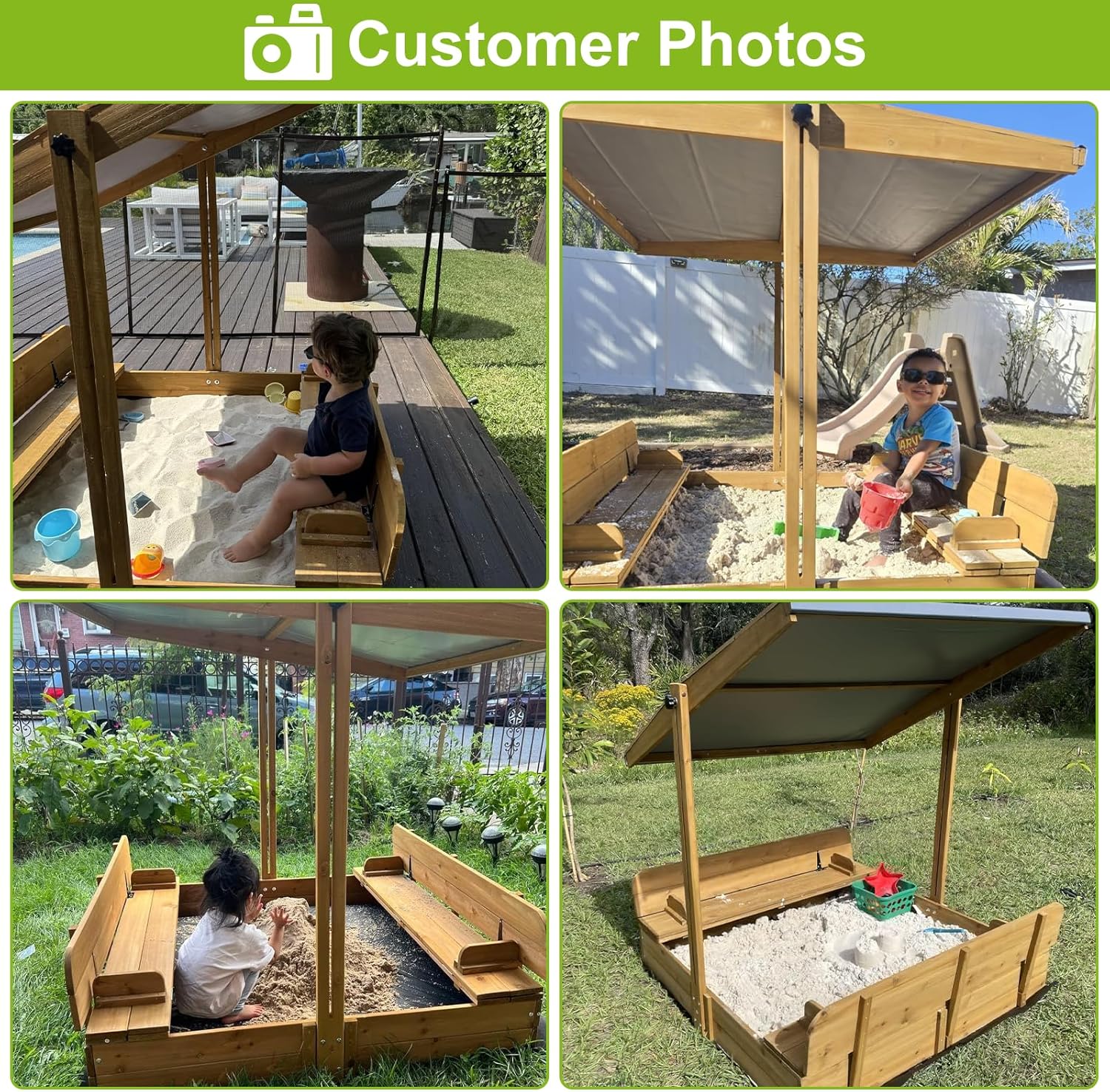 Wooden Sandbox with Lid, Kids Sandbox with Canopy Outdoor, Sandboxes with Covers Foldable Bench Seats for Backyard, UV-Resistant & Adjustable Height Roof, Gift for Ages 2-8 (47x47in)