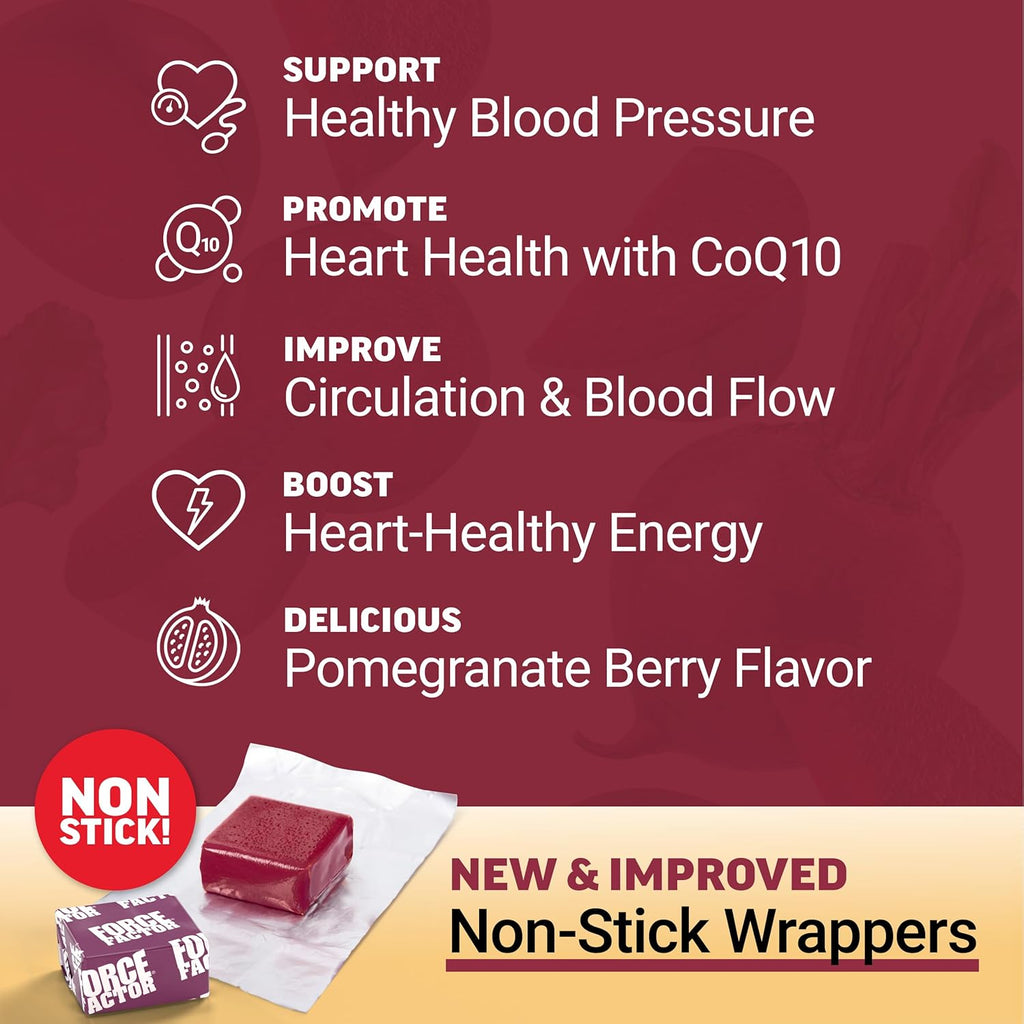 Force Factor Total Beets Ultimate Heart Health Chews for Blood Pressure Support, with Beetroot Powder, CoQ10, B Vitamins Grapeseed Extract for Blood Flow Energy, Black Cherry, 60 Soft Chews