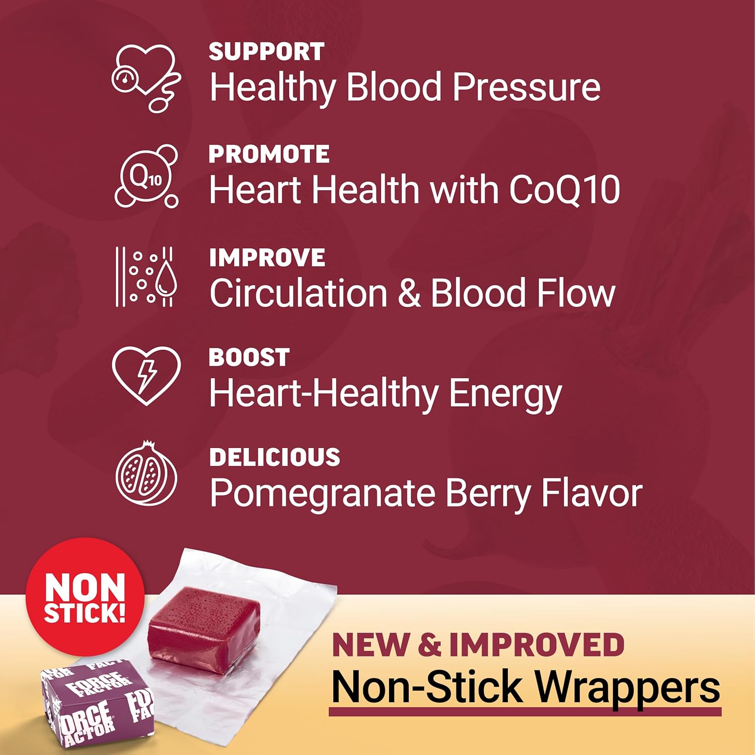 Force Factor Total Beets Ultimate Heart Health Chews for Blood Pressure Support, with Beetroot Powder, CoQ10, B Vitamins Grapeseed Extract for Blood Flow Energy, Black Cherry, 60 Soft Chews