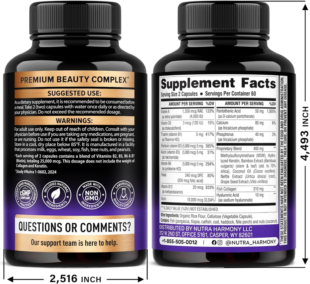 Bioti Collage Hyaluroni Aci Kerati Clinicall Teste Supplemen Hai Growt Support Ski Nail 2500 mc Vitamin B2 B3 B B B Mad i US Wome Me 12 Capsules