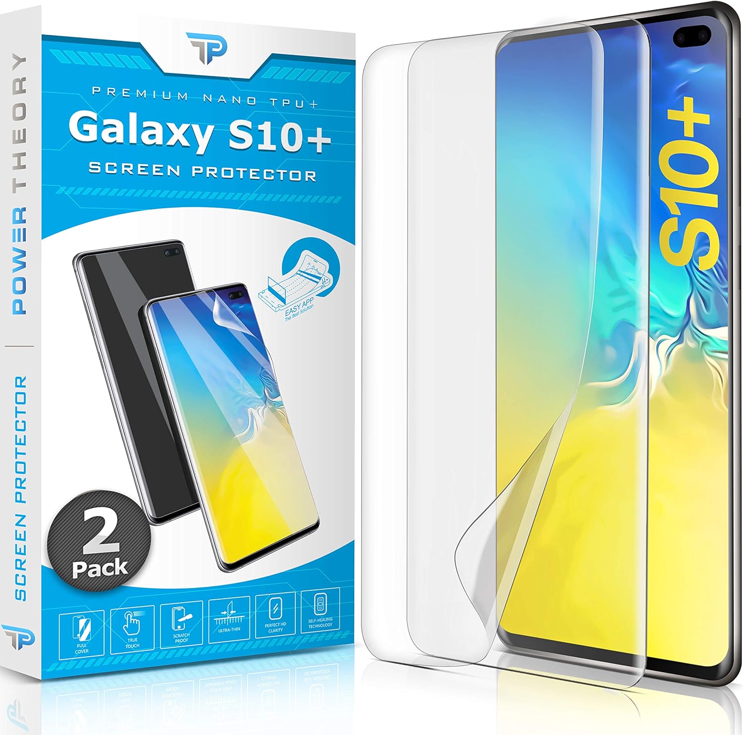 Power Theory Designed for Samsung Galaxy S10 PLUS Screen Protector [Not Glass], Easy Install Kit, Case Friendly, Full Cover, Flexible Film Anti Scratch, 2 Pack