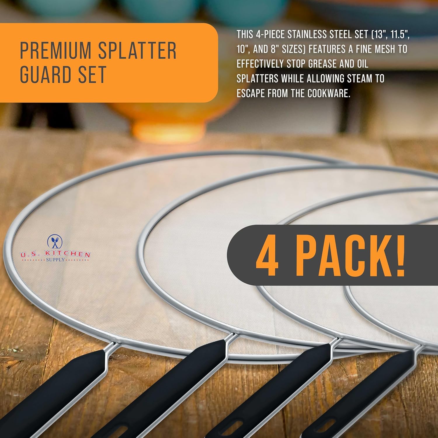 U.S. Kitchen Supply 4-Piece Stainless Steel Splatter Guard Set (13inch, 11.5inch, 10inch,8¡±) Fine Mesh Cover, Grease Oil, Splatter Screen for Frying Pan, Cooking Pots, with Comfort Grip Handles