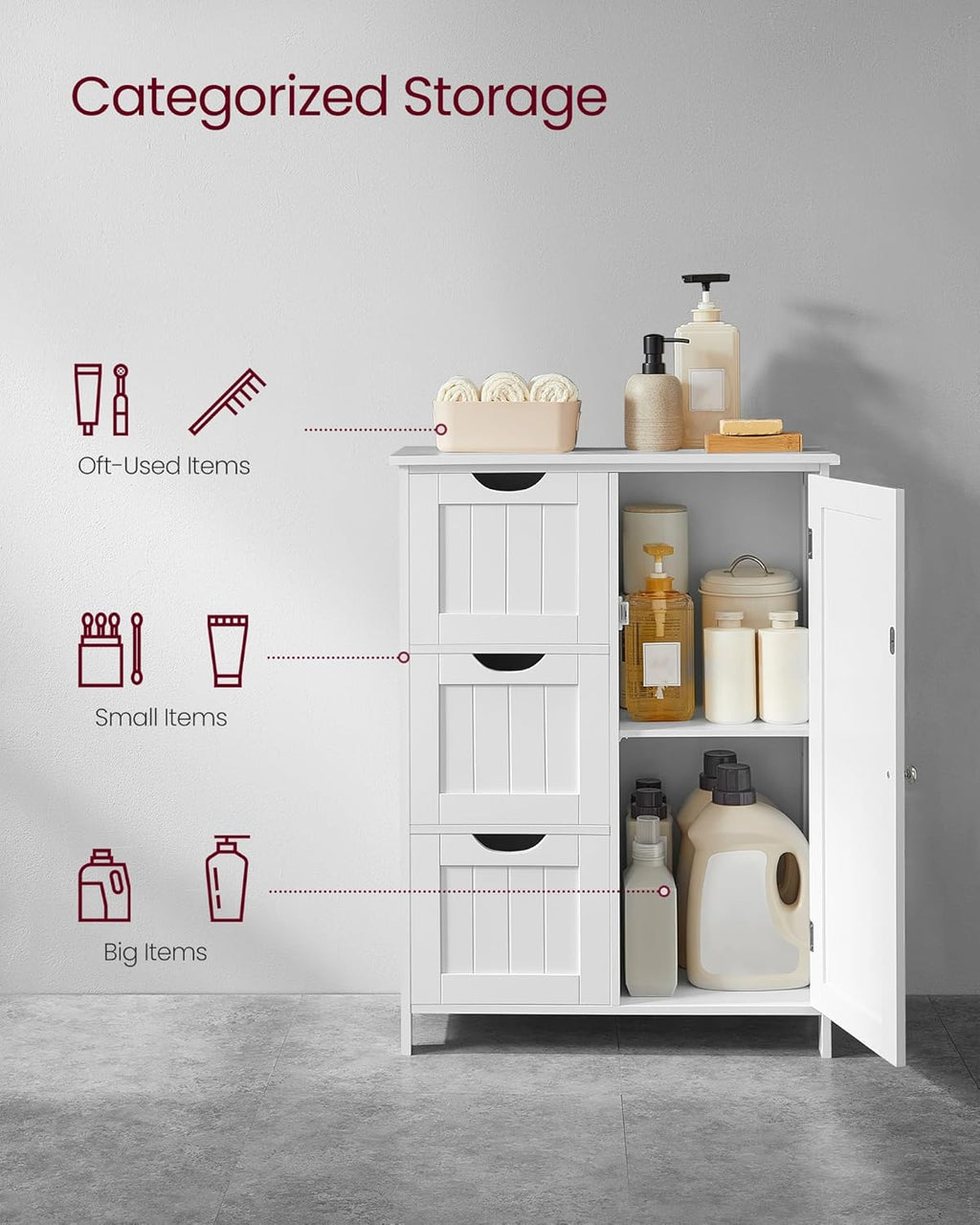 Floor Storage Cabinet, Freestanding Storage Unit with 3 Drawers, 1 Adjustable Shelf, for Bathroom Living Room Dining Kitchen, 11.8 x 23.6 x 31.5 Inches, White UBBC49WT