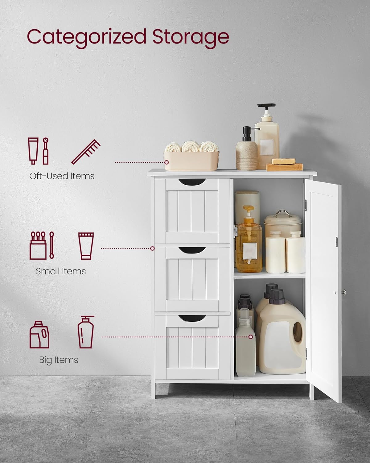 Floor Storage Cabinet, Freestanding Storage Unit with 3 Drawers, 1 Adjustable Shelf, for Bathroom Living Room Dining Kitchen, 11.8 x 23.6 x 31.5 Inches, White UBBC49WT