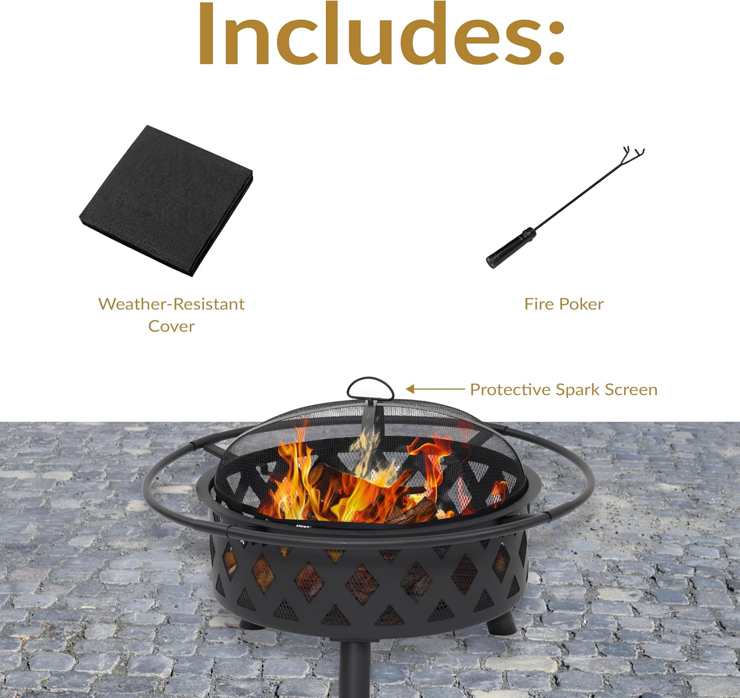 Crossweave Outdoor Fire Pit - Wood-Burning Fire Pit for Outside with Spark Screen, Poker and Round Cover - 30-Inch - Black