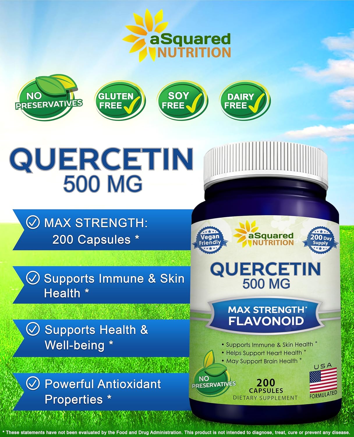 aSquared Nutrition Quercetin 500mg Supplement - 200 Capsules - Quercetin Dihydrate to Support Cardiovascular Health - Max Strength Powder Complex Pills to Help ImpImmune Response