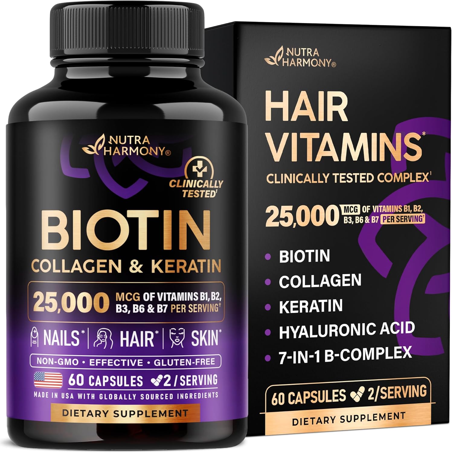 Bioti Collage Hyaluroni Aci Kerati Clinicall Teste Supplement* Hai Growt Support Ski Nail 25000mc Vitamin B1 B2 B3 B B fo Wome Me Mad i US 6 Capsules